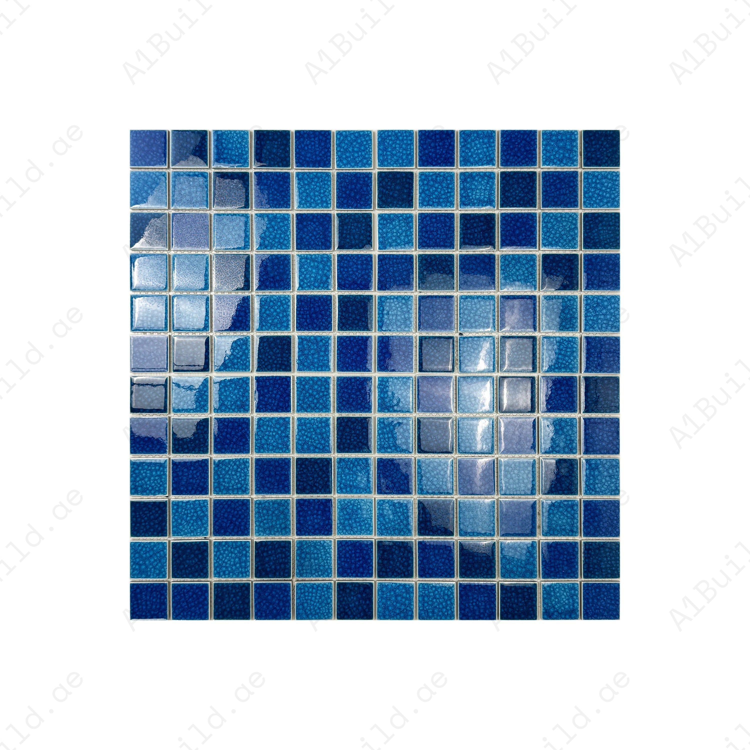 Oceanic Opal French, Klein & Navy Blue Double Crackle Porcelain Mosaic. UV-resistant, waterproof tiles for luxury pools, spas & premium water features.
