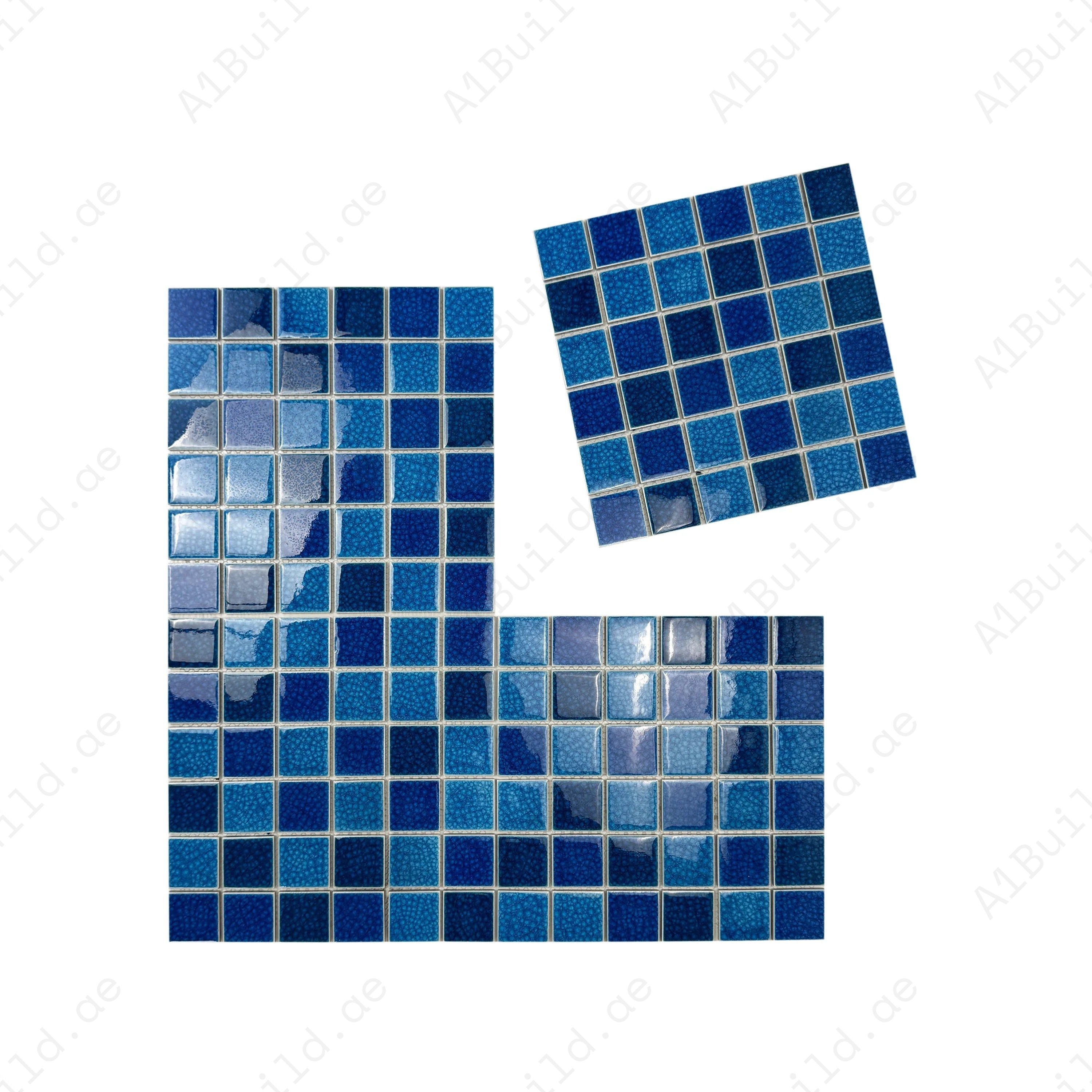 Oceanic Opal French, Klein & Navy Blue Double Crackle Porcelain Mosaic. UV-resistant, waterproof tiles for luxury pools, spas & premium water features.