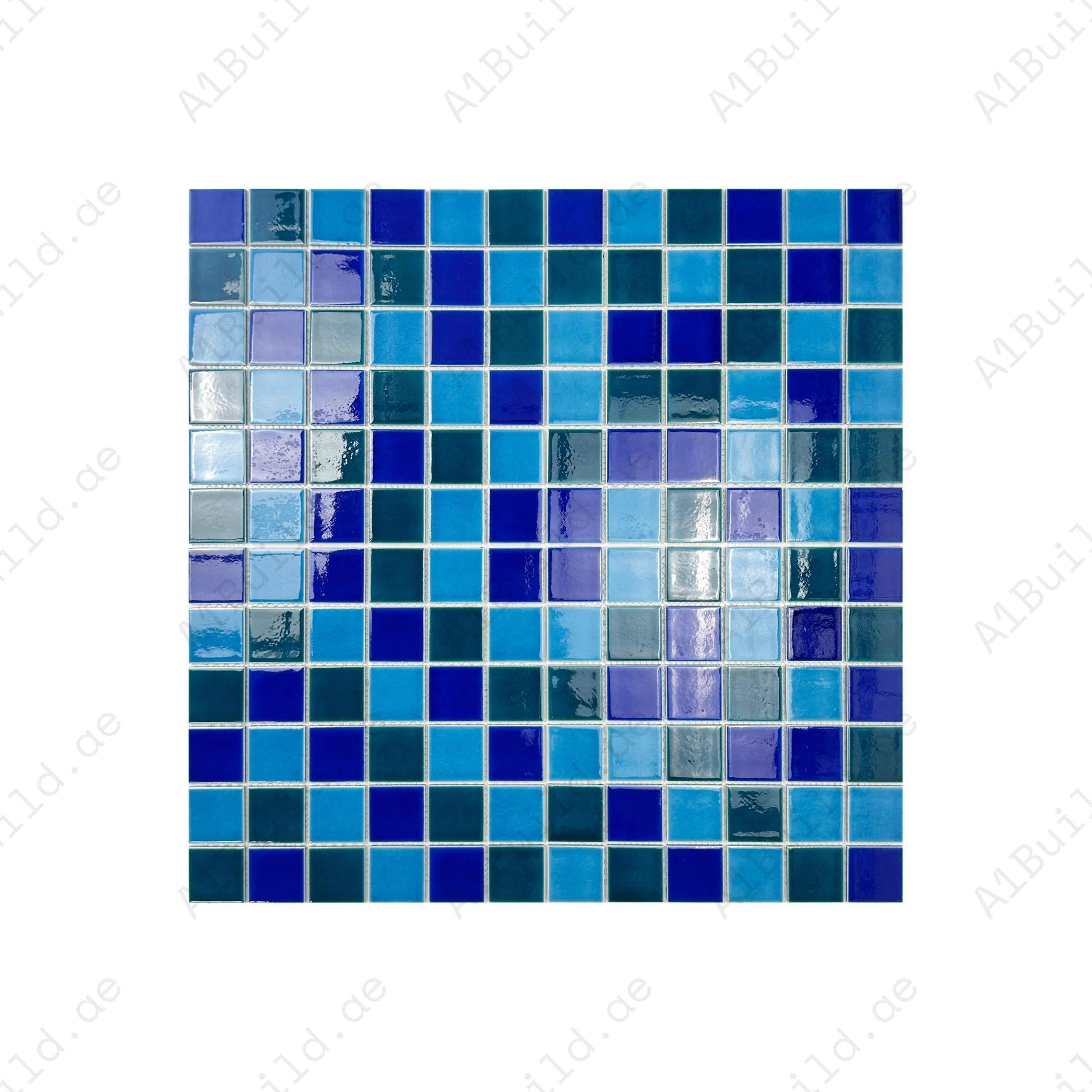 Oceanic Opal Porcelain Mosaic in Cyan, Navy & Sapphire Blue. Durable, waterproof, and UV-resistant tiles for luxury pools, spas, and aquatic feature walls.