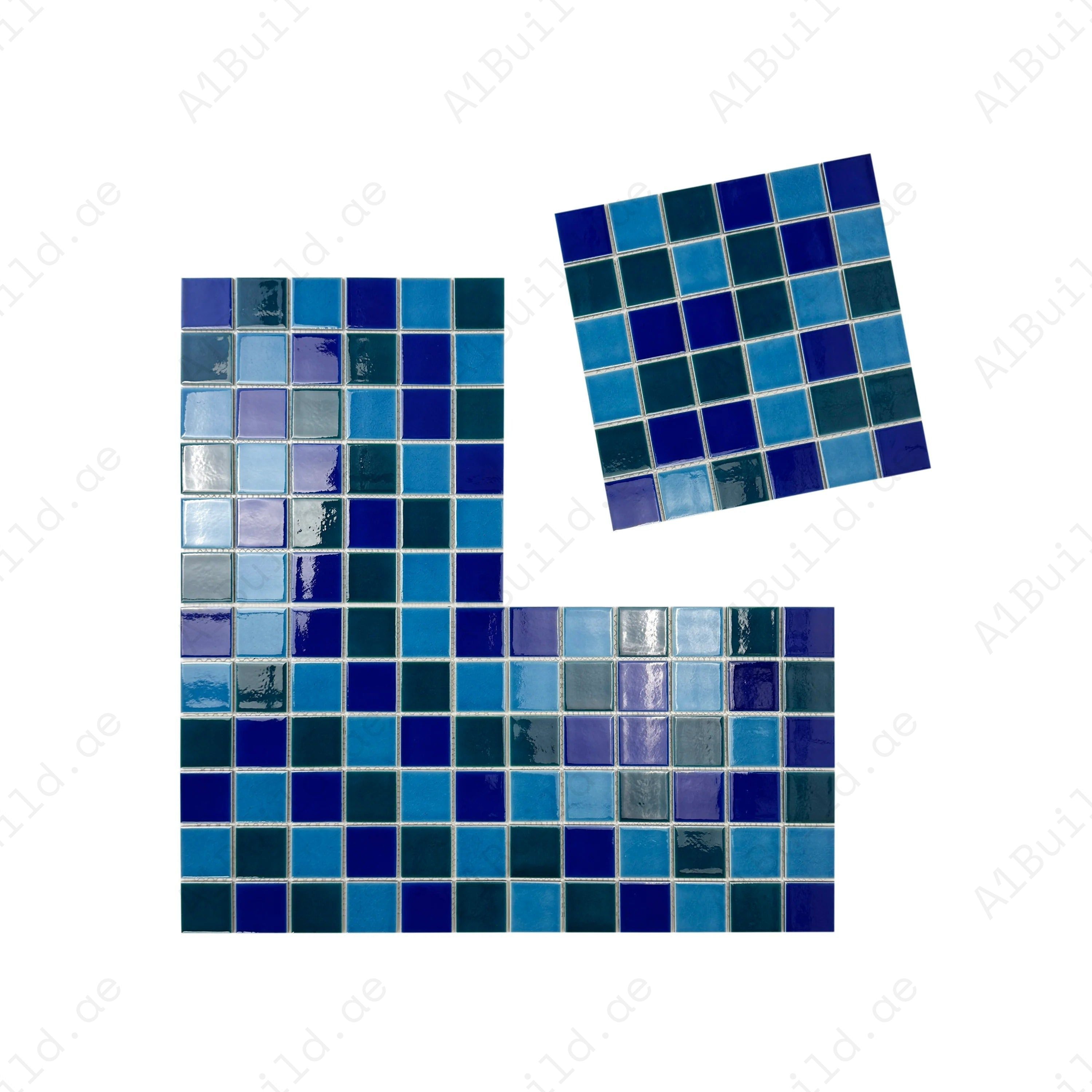 Oceanic Opal Porcelain Mosaic in Cyan, Navy & Sapphire Blue. Durable, waterproof, and UV-resistant tiles for luxury pools, spas, and aquatic feature walls.