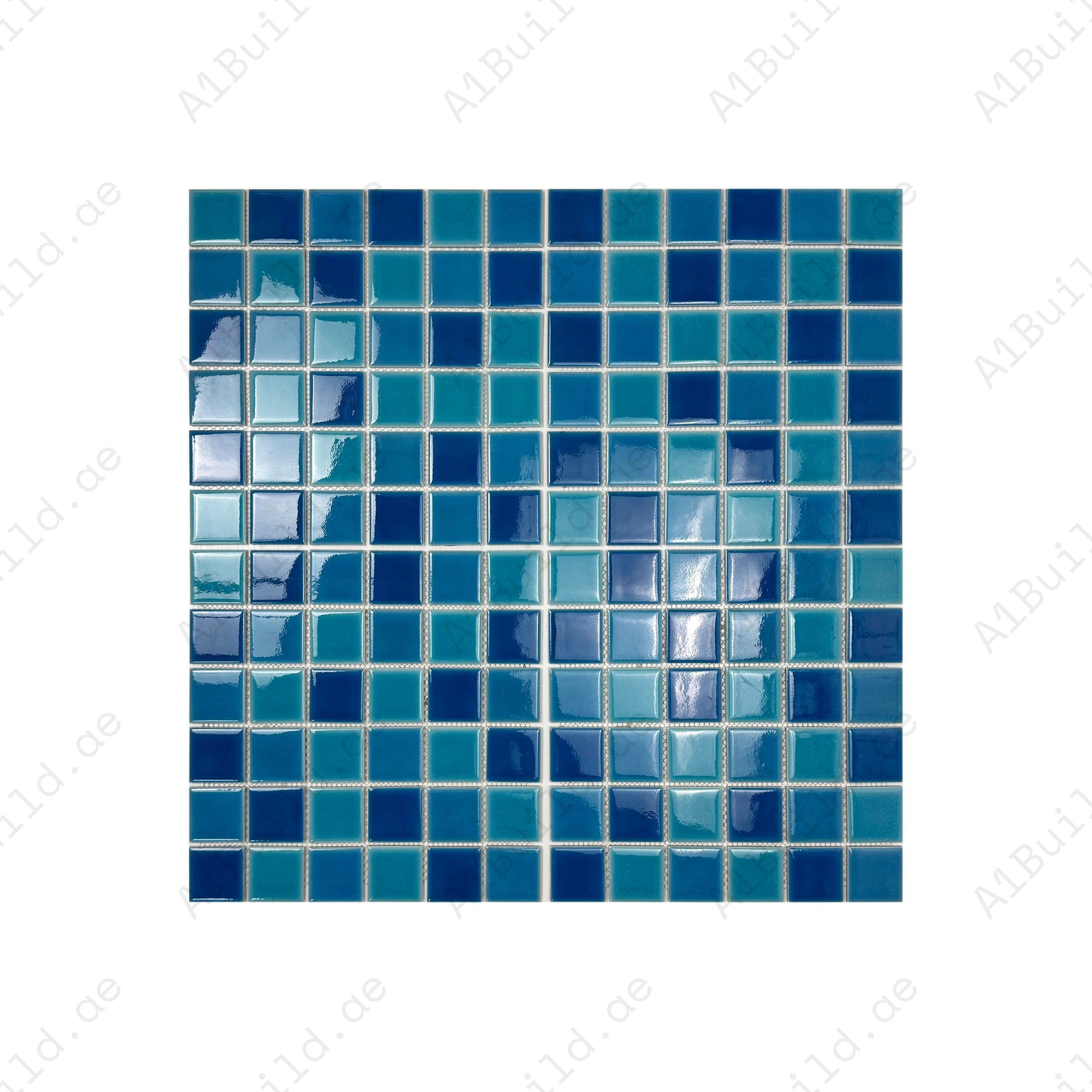 Oceanic Opal Porcelain Mosaic in Cyan, Navy & Ultra Marine Blue. Durable, waterproof, UV-resistant tiles perfect for luxury pools, spas, and aquatic walls.