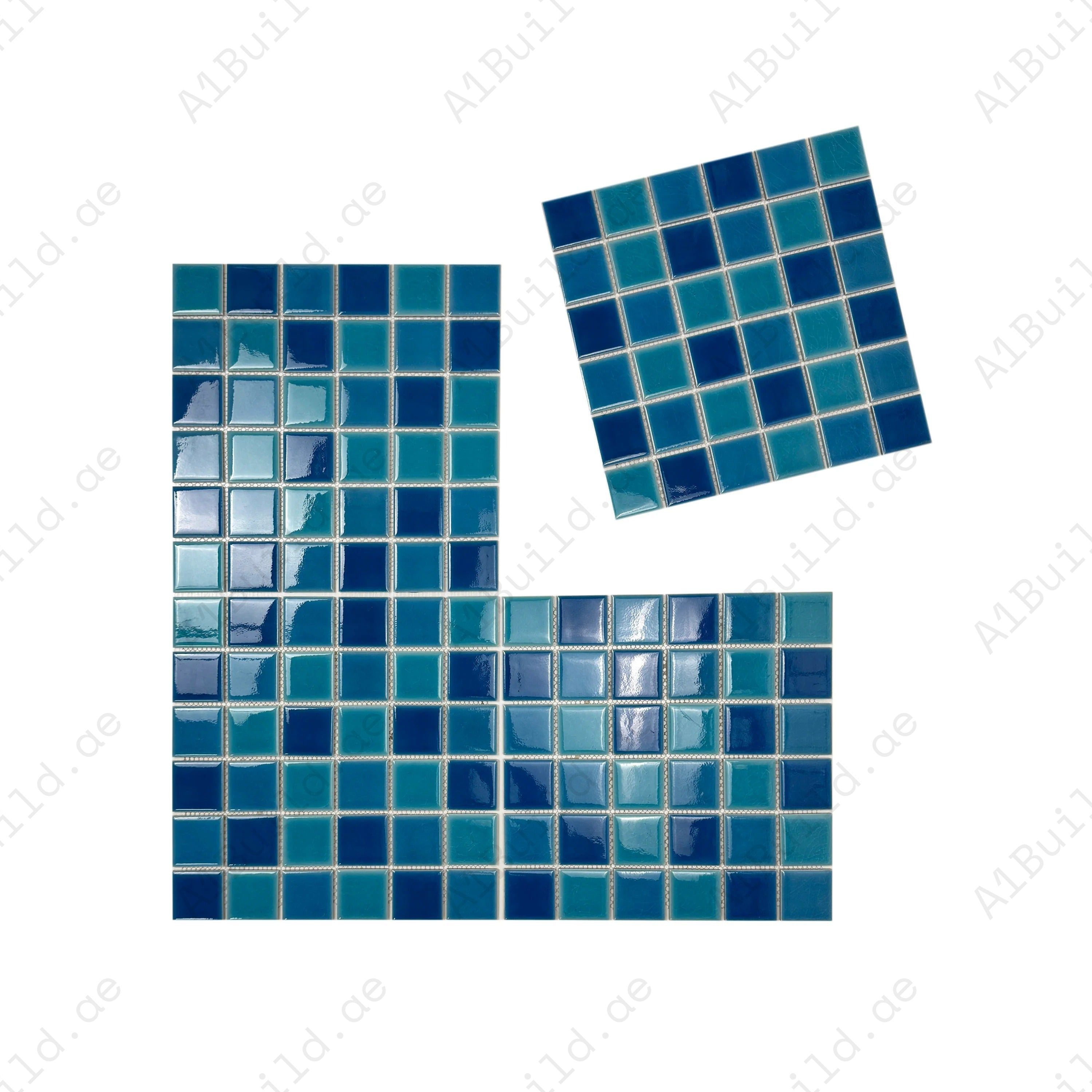 Oceanic Opal Porcelain Mosaic in Cyan, Navy & Ultra Marine Blue. Durable, waterproof, UV-resistant tiles perfect for luxury pools, spas, and aquatic walls.