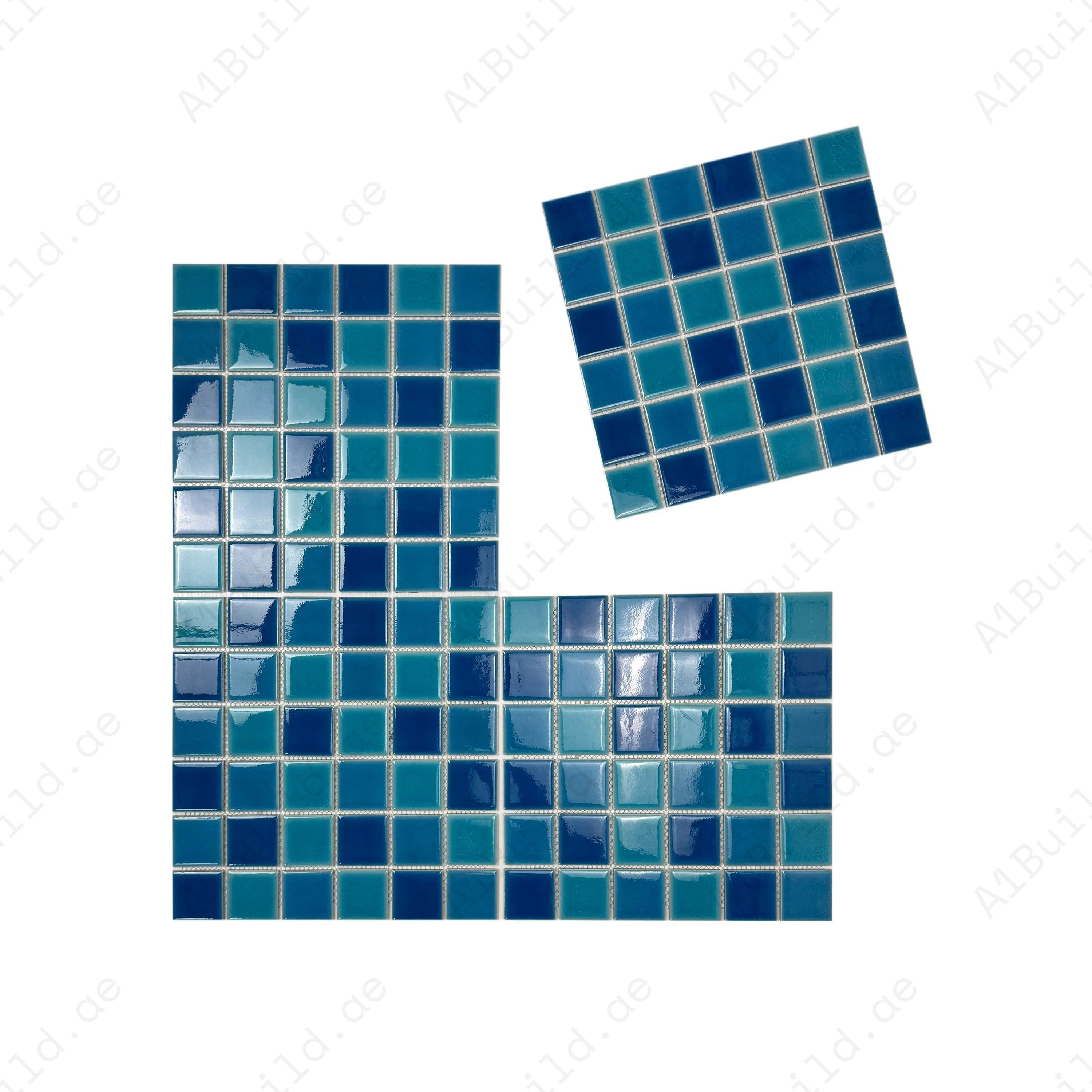 Oceanic Opal Porcelain Mosaic in Cyan, Navy & Ultra Marine Blue. Durable, waterproof, UV-resistant tiles perfect for luxury pools, spas, and aquatic walls.