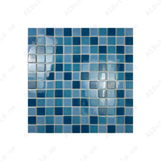 Oceanic Opal Porcelain Mosaic tiles in Cerulean, Cyan & Navy Blue. Waterproof, UV-resistant, durable, perfect for luxury pools, spas, and aquatic walls.