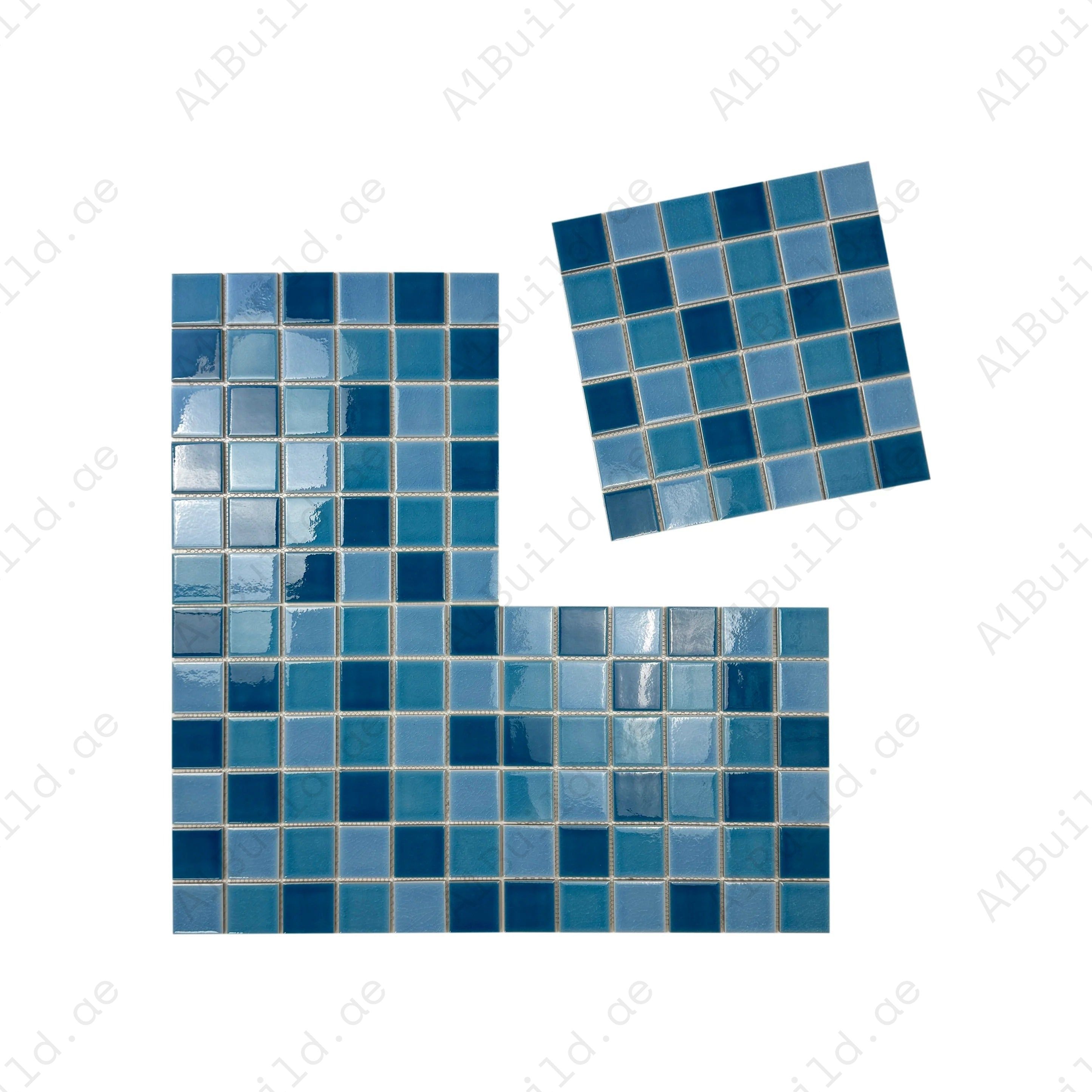 Oceanic Opal Porcelain Mosaic tiles in Cerulean, Cyan & Navy Blue. Waterproof, UV-resistant, durable, perfect for luxury pools, spas, and aquatic walls.