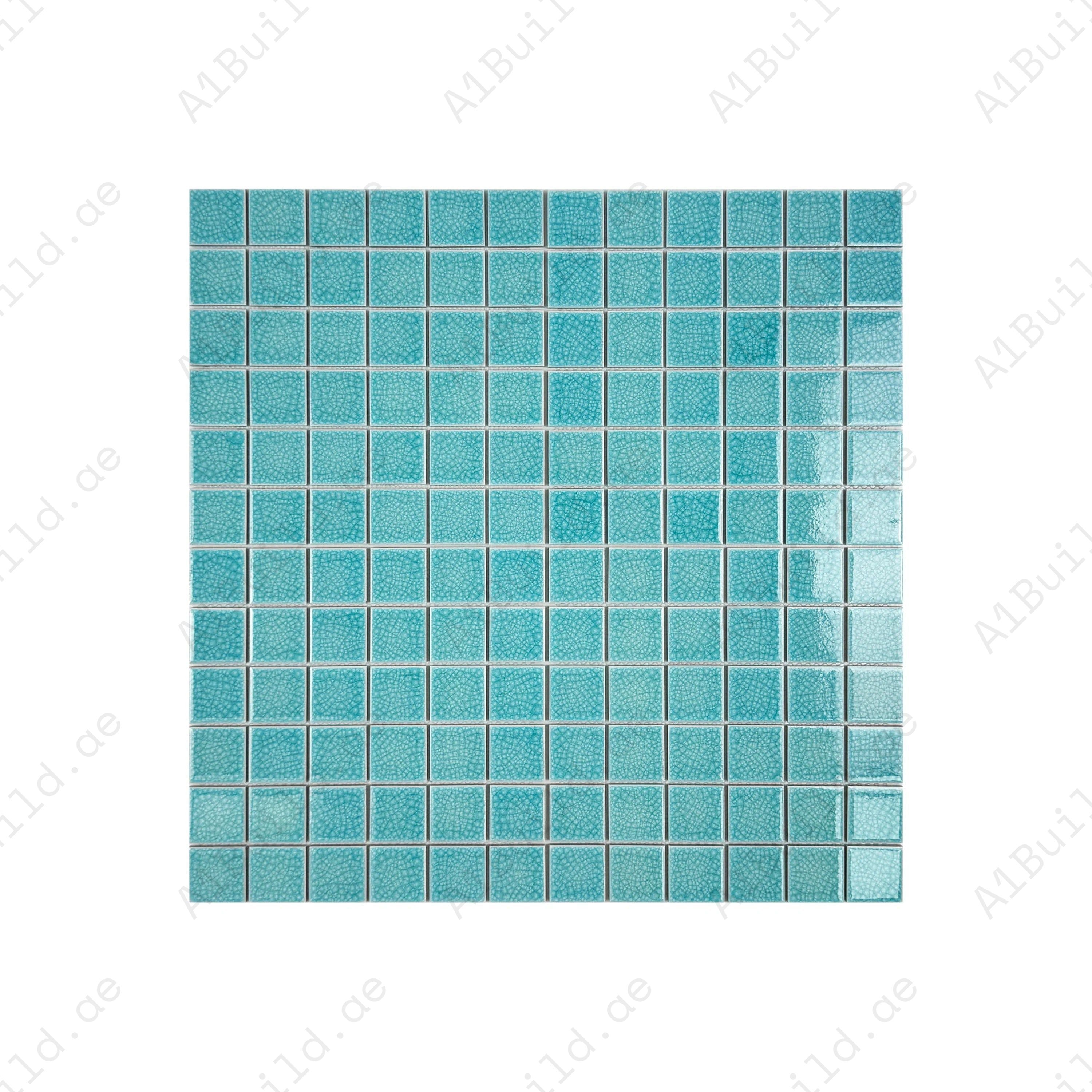 Oceanic Opal Sky Blue Convex Crackle Porcelain Mosaic. Durable, UV-resistant, slip-proof tiles for pools, spas, water features & luxury aquatic designs.