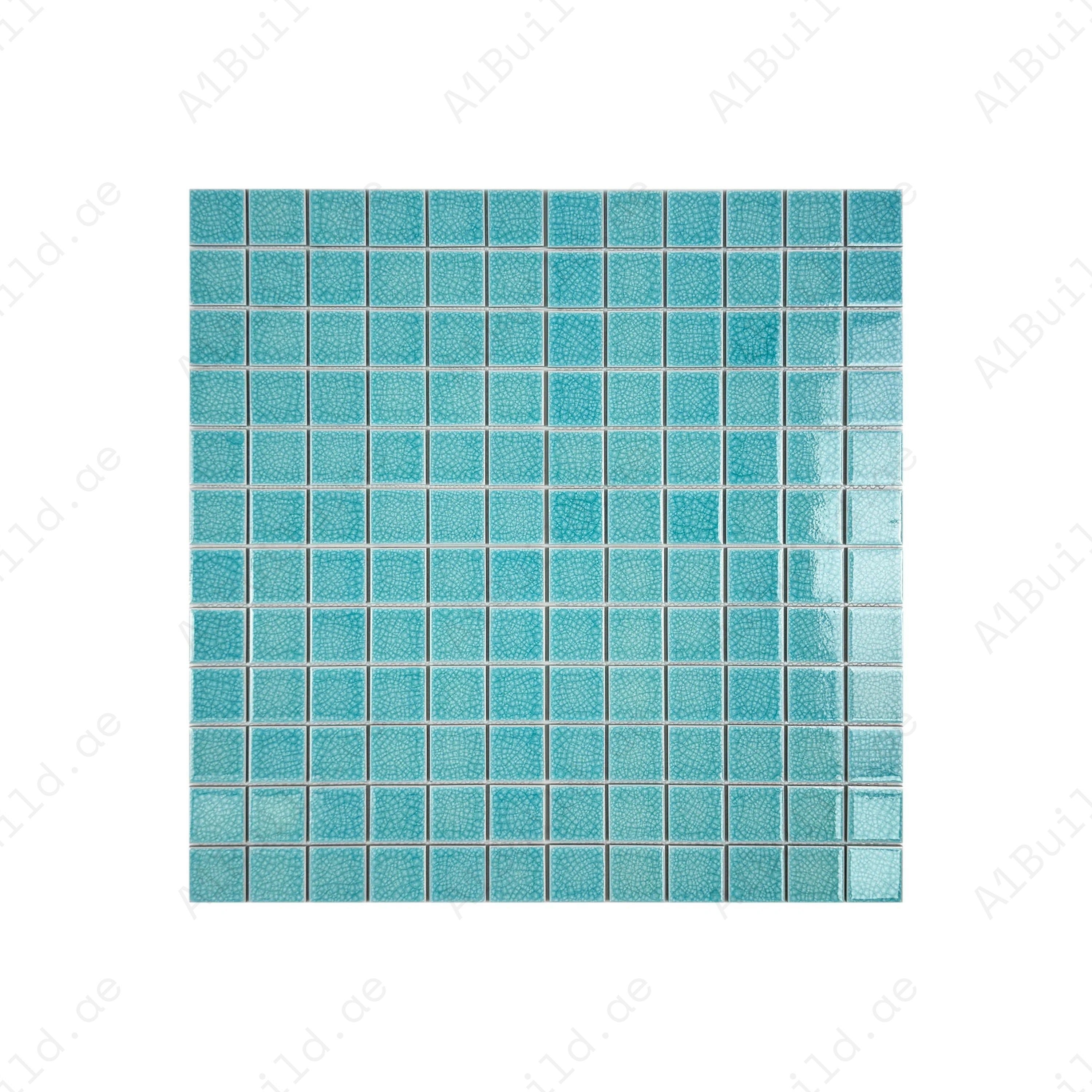 Oceanic Opal Sky Blue Convex Crackle Porcelain Mosaic. Durable, UV-resistant, slip-proof tiles for pools, spas, water features & luxury aquatic designs.