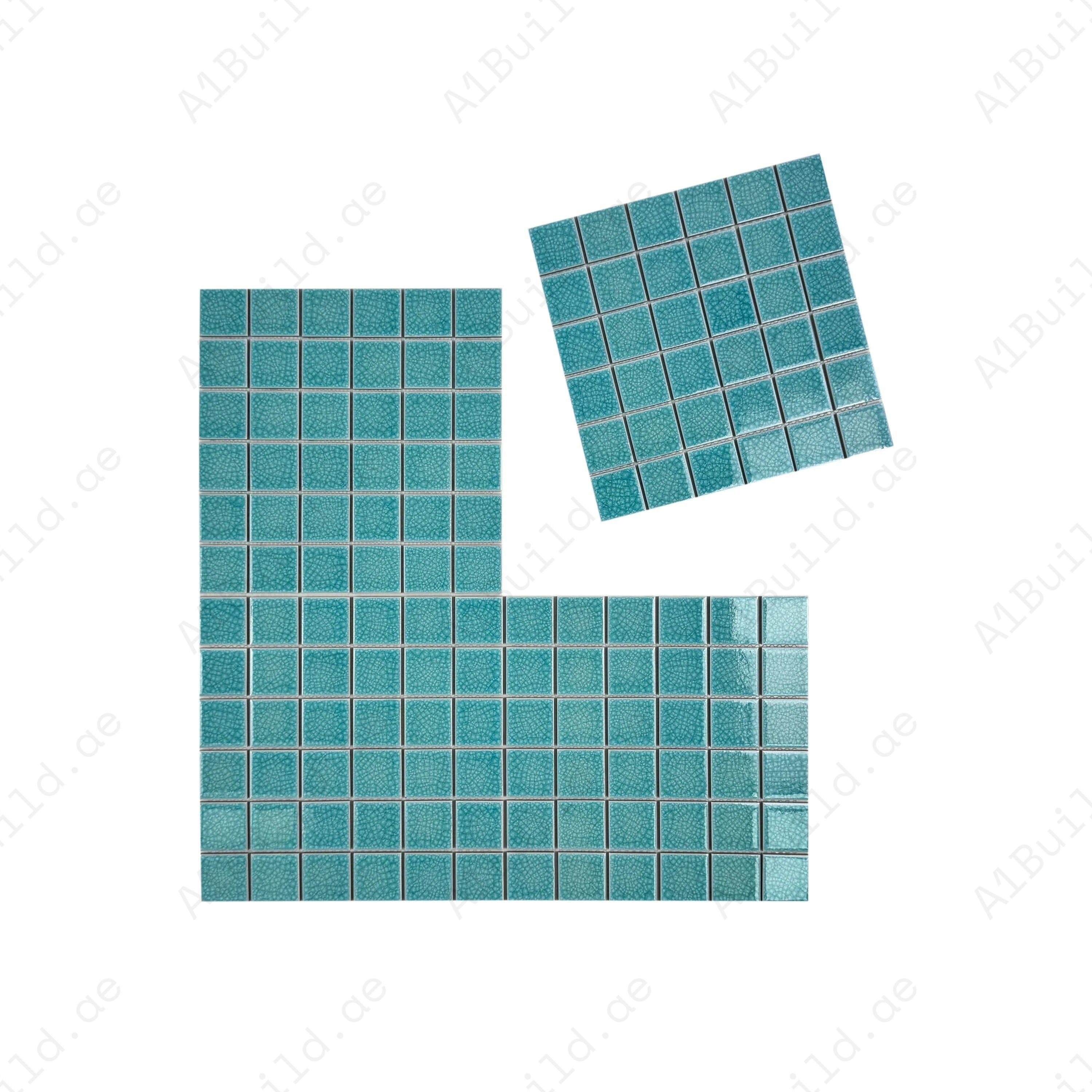 Oceanic Opal Sky Blue Convex Crackle Porcelain Mosaic. Durable, UV-resistant, slip-proof tiles for pools, spas, water features & luxury aquatic designs.