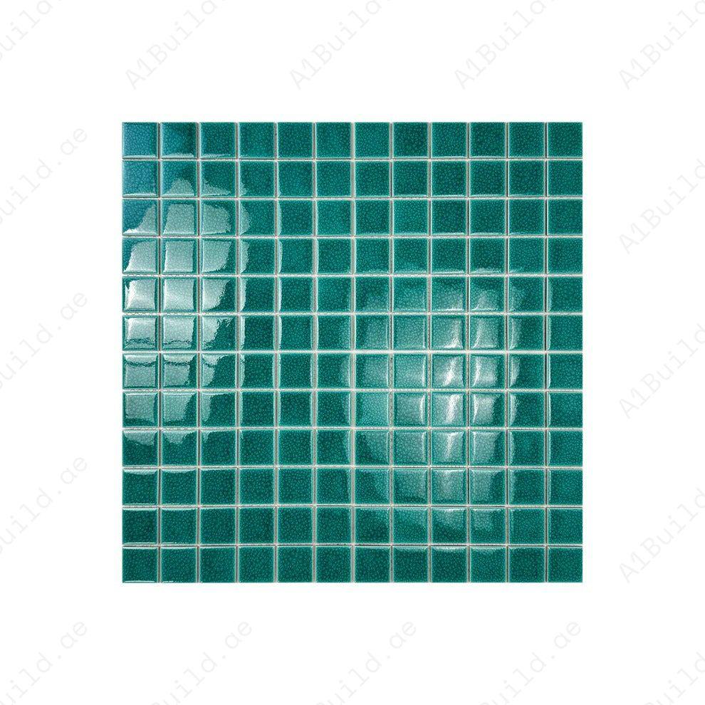 Oceanic Opal Teal Blue Convex Crackle Porcelain Mosaic. UV-resistant, waterproof, slip-proof tiles for pools, spas, water features & luxury aquatic designs.