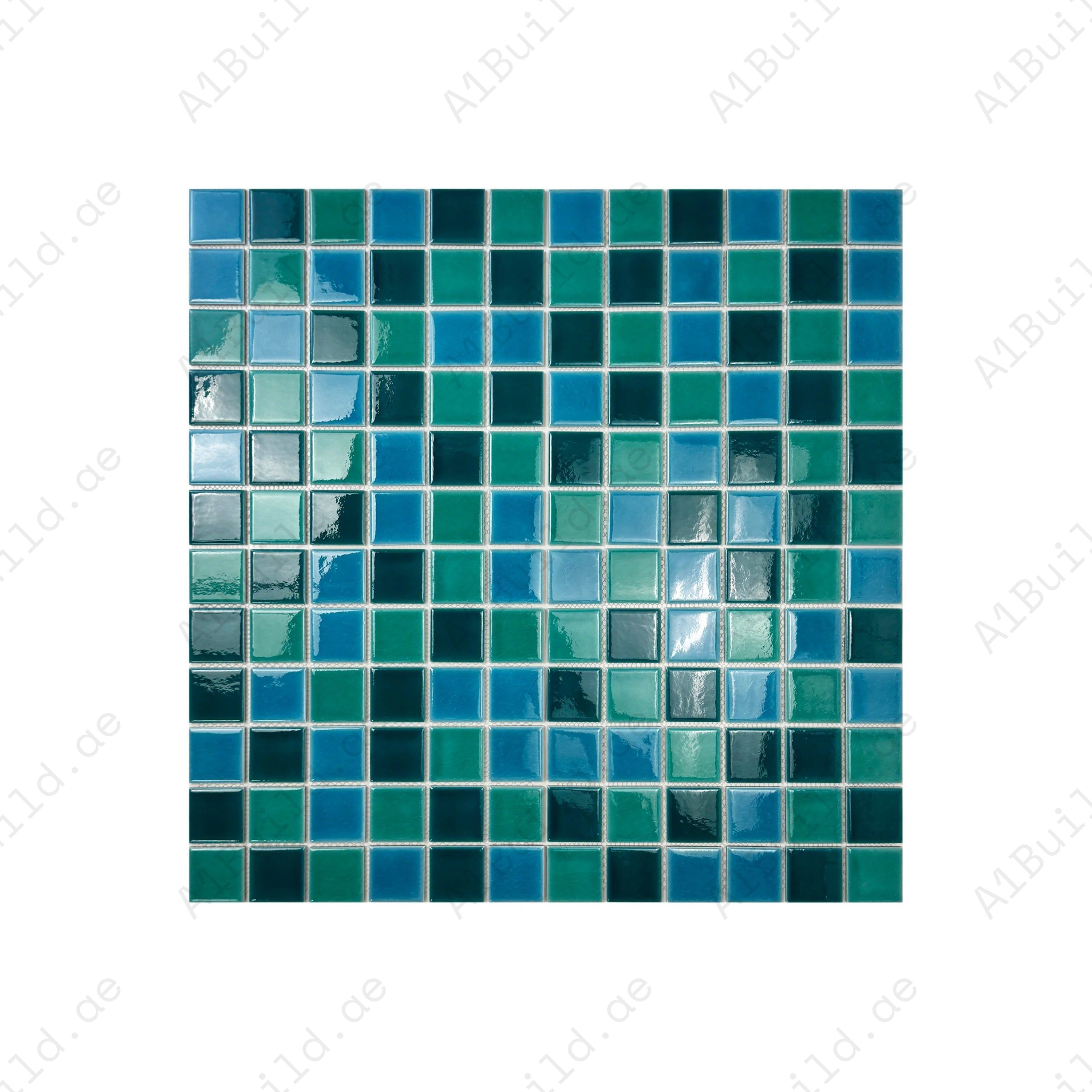 Oceanic Opal Teal, Cyan & Mint Green Crackle Porcelain Mosaic. Durable, UV-resistant, waterproof tiles for pools, spas, water features & luxury aquatic walls.