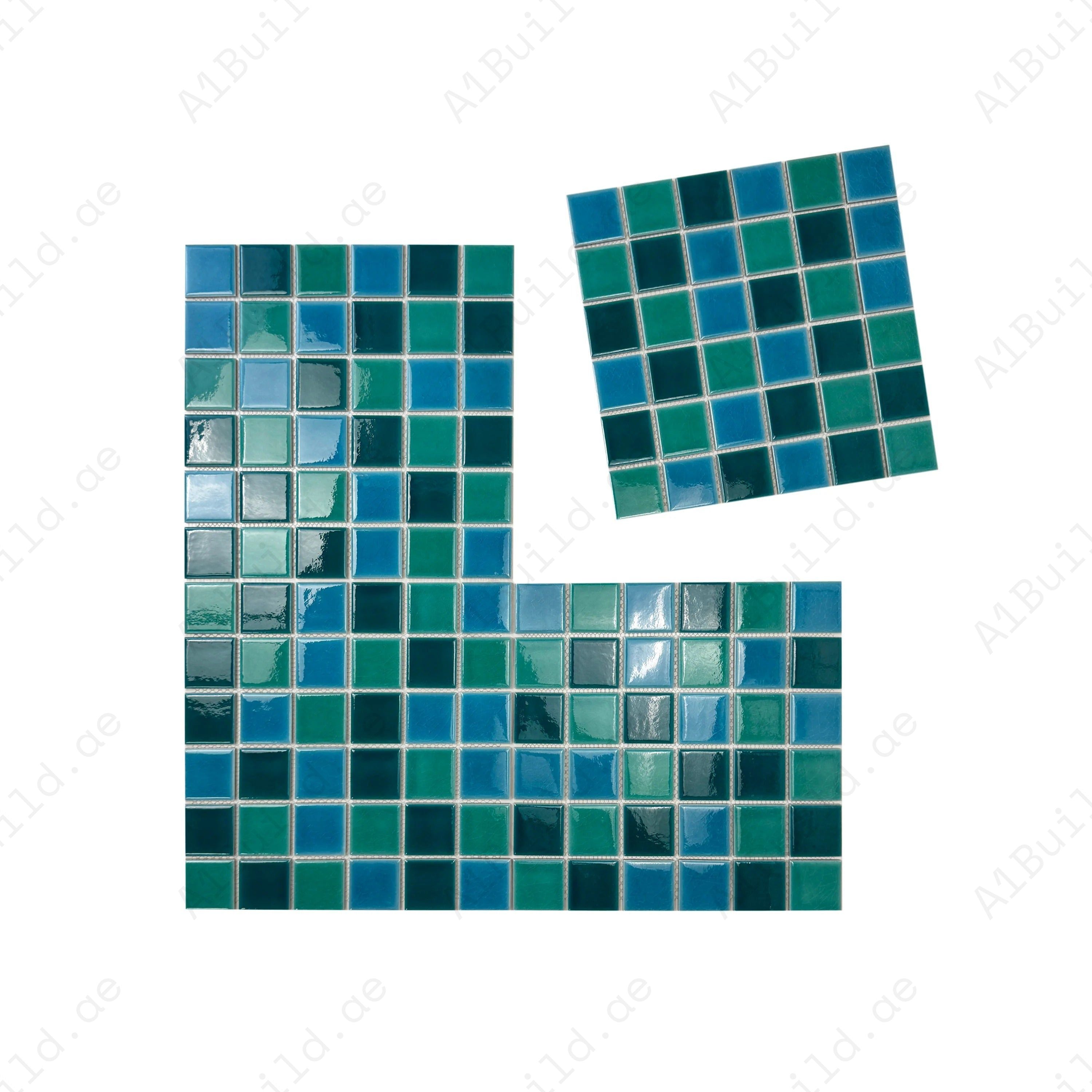 Oceanic Opal Teal, Cyan & Mint Green Crackle Porcelain Mosaic. Durable, UV-resistant, waterproof tiles for pools, spas, water features & luxury aquatic walls.