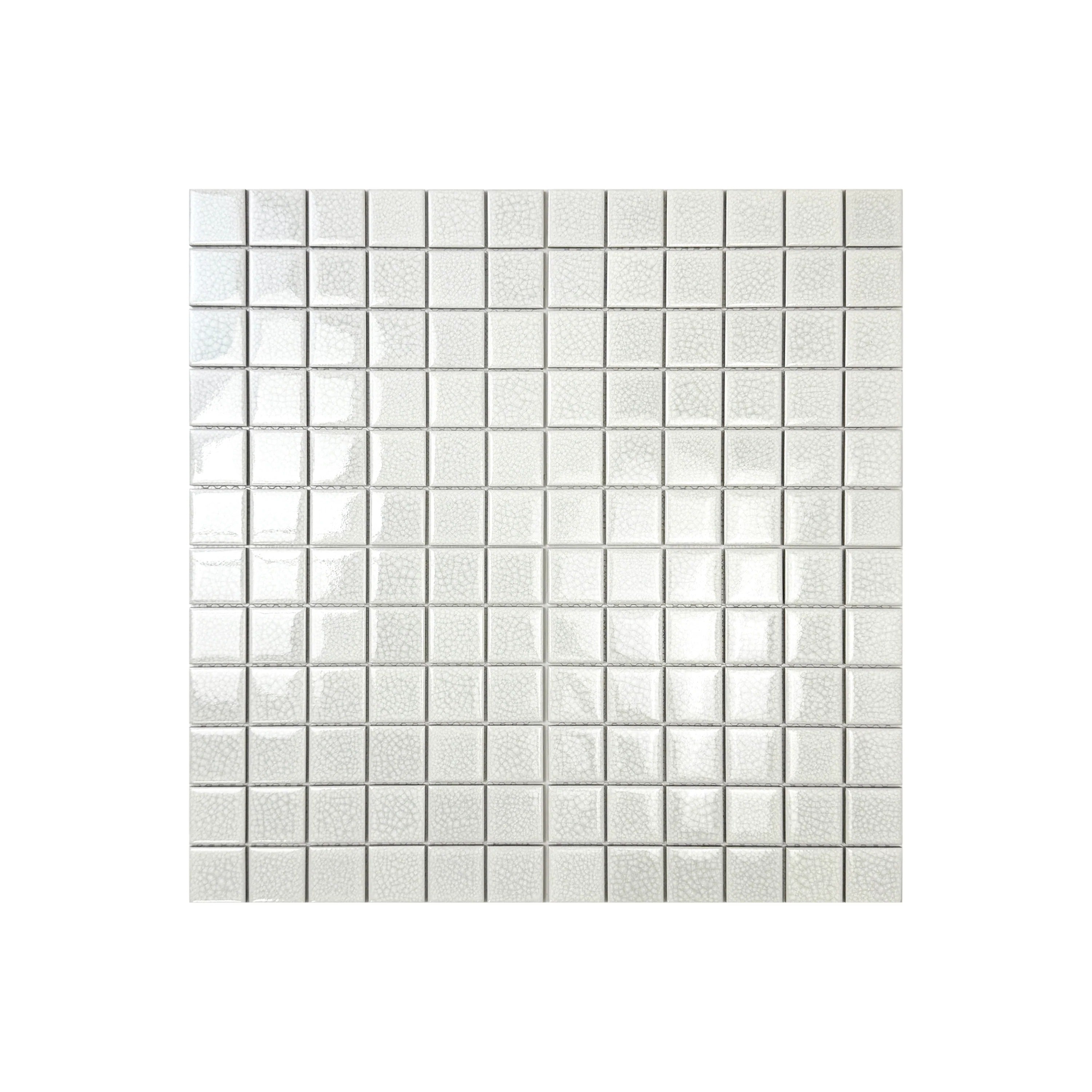 Oceanic Opal White Convex Surface Crackle Porcelain Mosaic. Durable, waterproof, UV-resistant tiles ideal for luxury pools, spas, and aquatic features.
