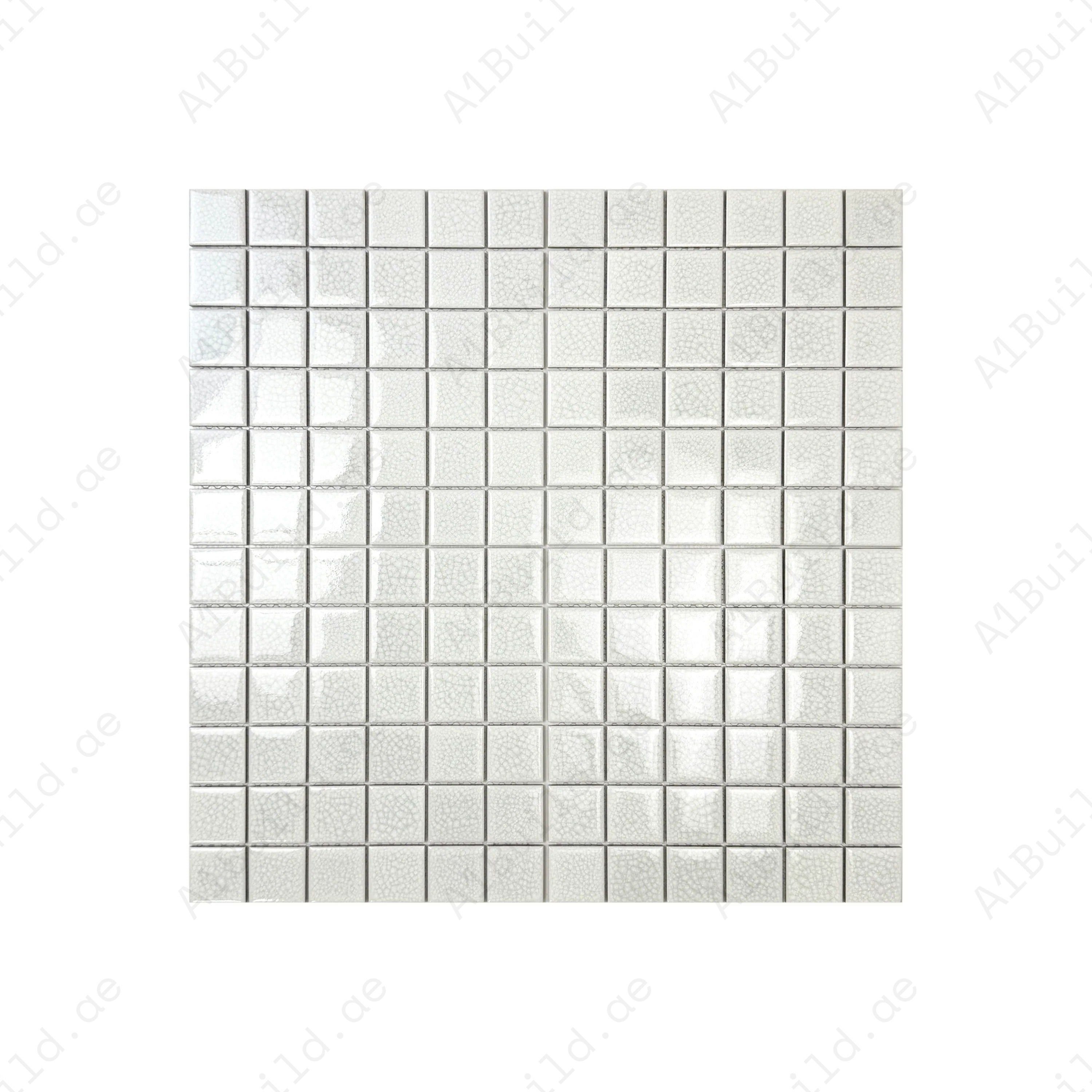 Oceanic Opal White Convex Surface Crackle Porcelain Mosaic. Durable, waterproof, UV-resistant tiles ideal for luxury pools, spas, and aquatic features.