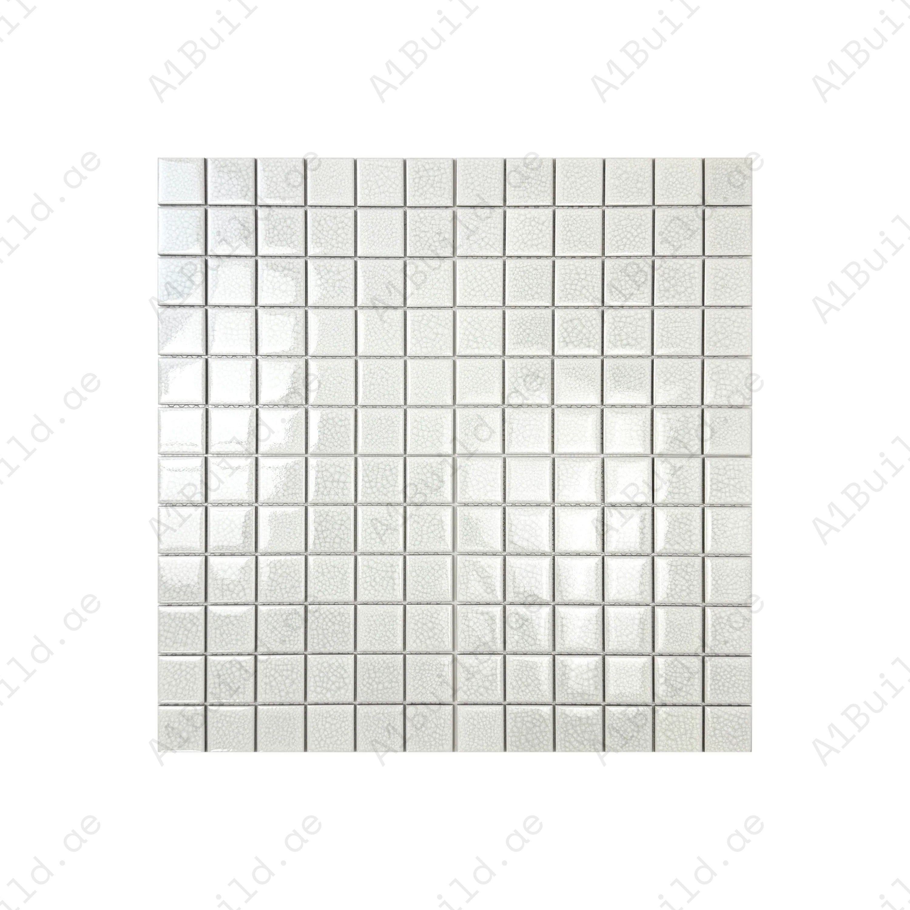 Oceanic Opal White Convex Surface Crackle Porcelain Mosaic. Durable, waterproof, UV-resistant tiles ideal for luxury pools, spas, and aquatic features.