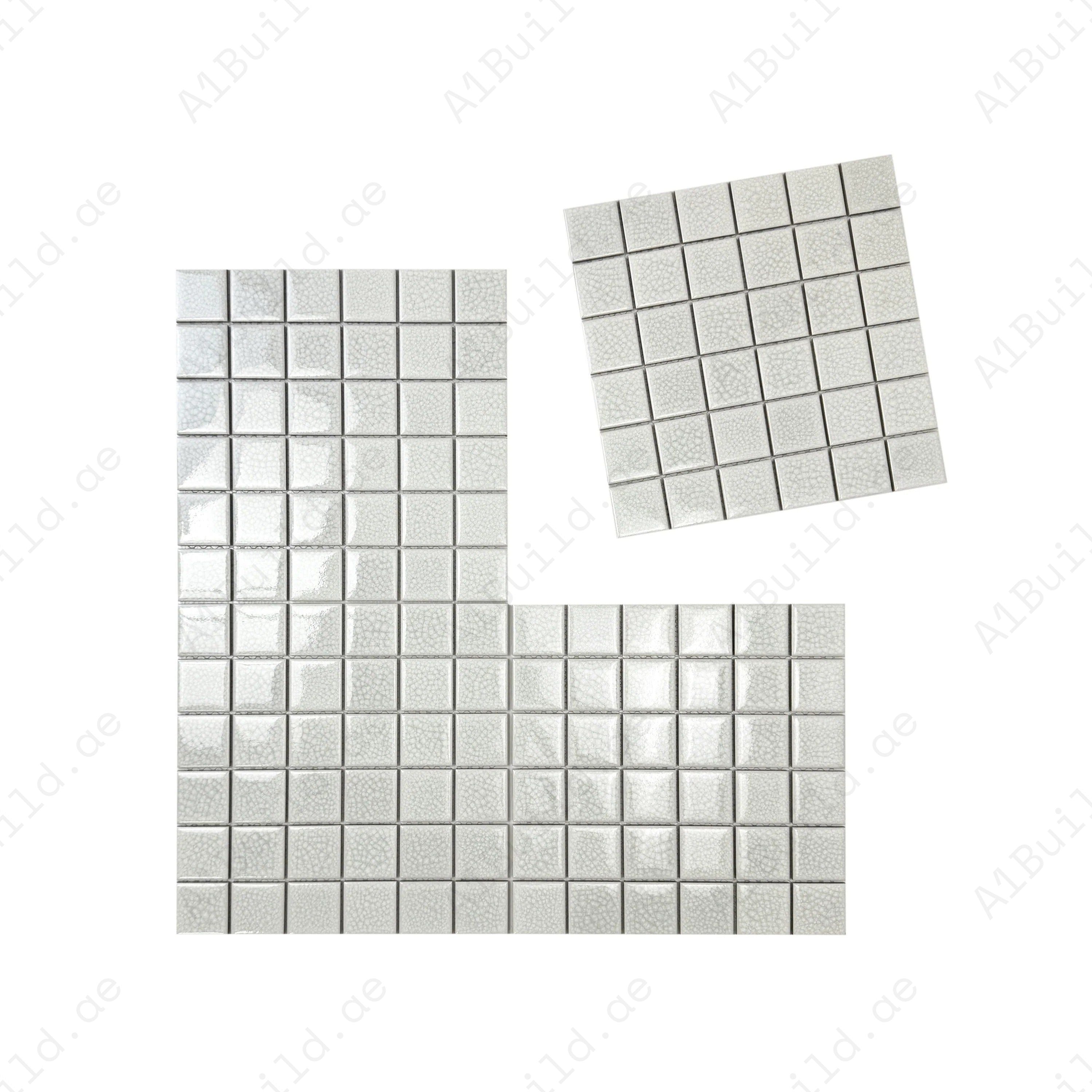 Oceanic Opal White Convex Surface Crackle Porcelain Mosaic. Durable, waterproof, UV-resistant tiles ideal for luxury pools, spas, and aquatic features.