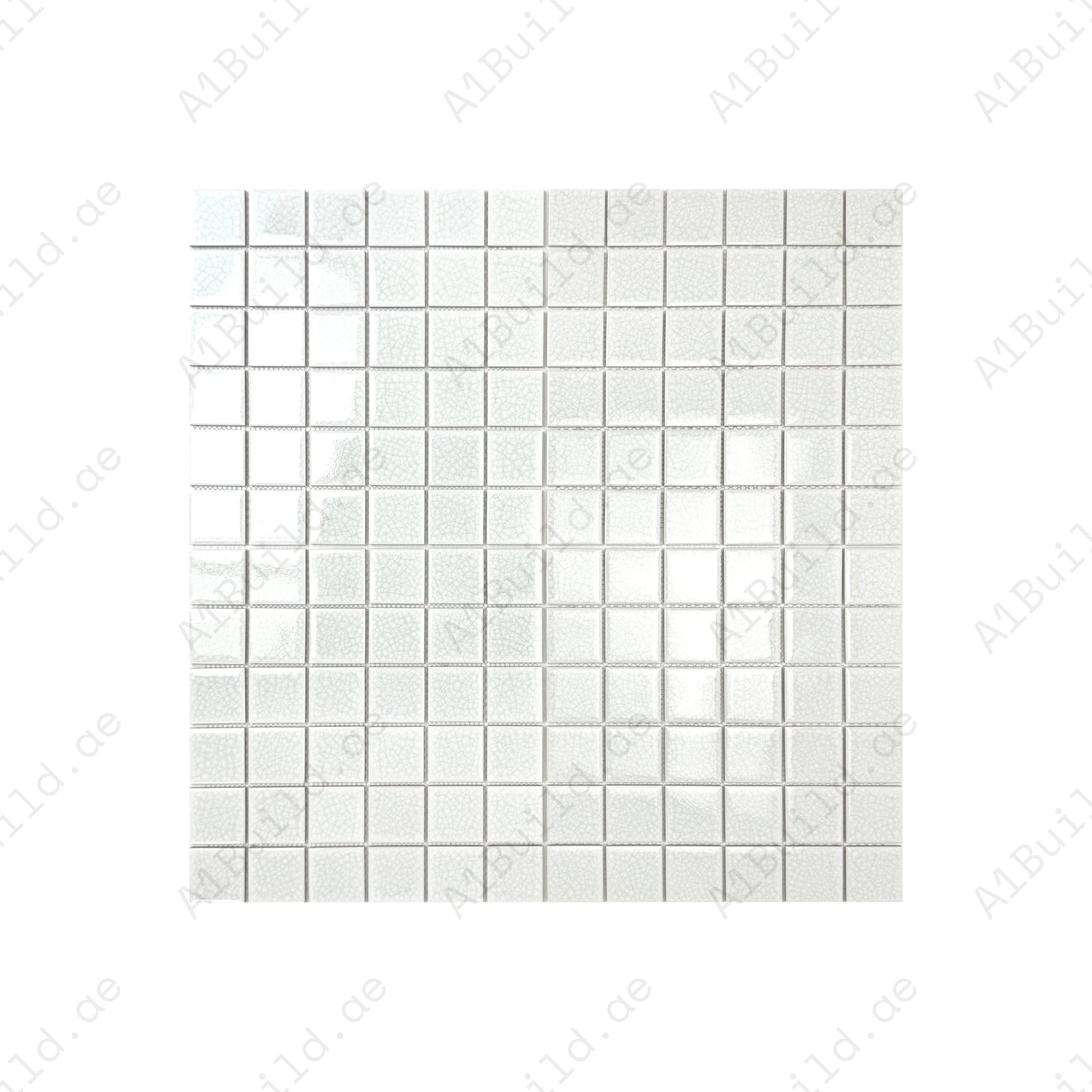 Oceanic Opal White Double Crackle Porcelain Mosaic. Durable, waterproof, UV-resistant tiles ideal for luxury pools, spas, and decorative aquatic features.