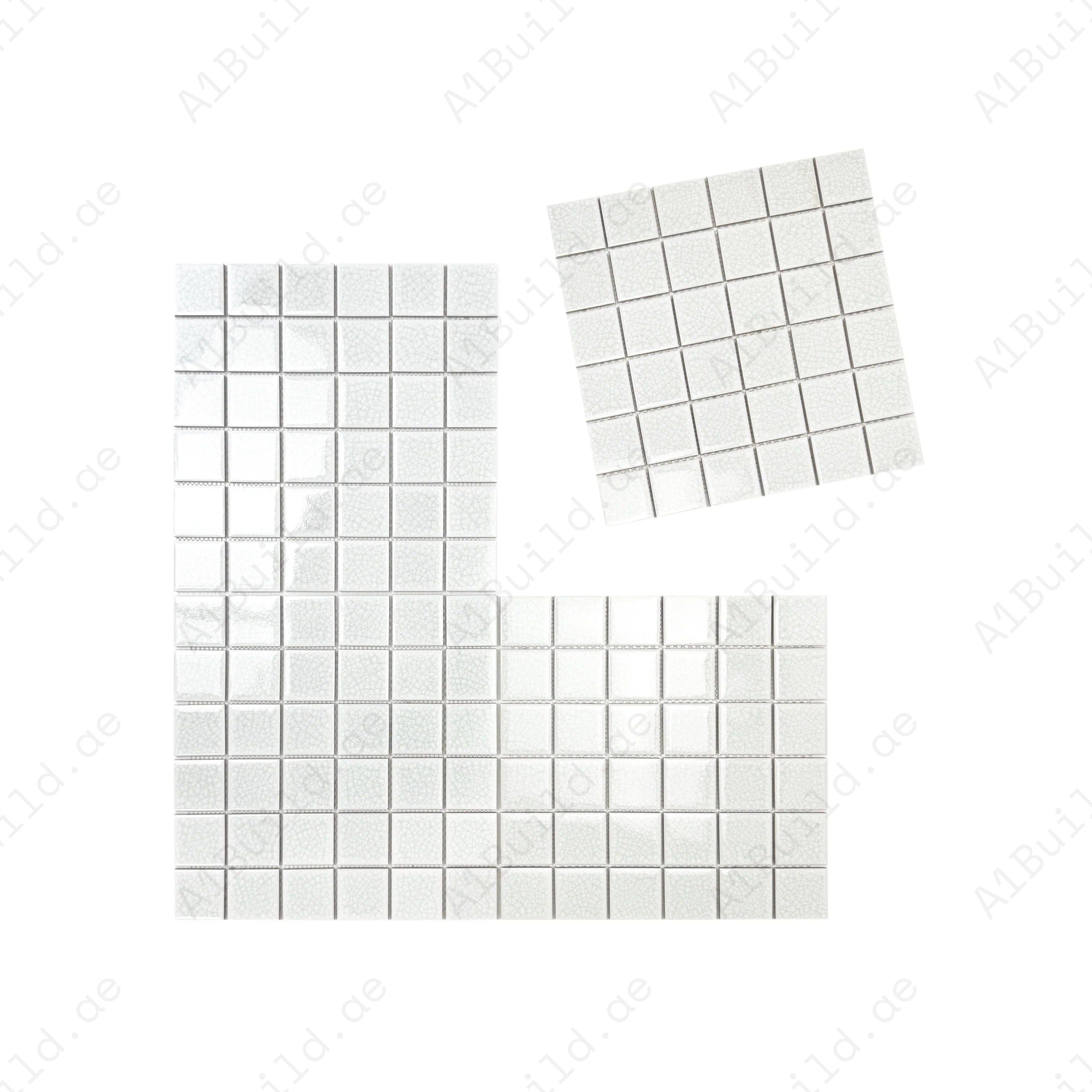 Oceanic Opal White Double Crackle Porcelain Mosaic. Durable, waterproof, UV-resistant tiles ideal for luxury pools, spas, and decorative aquatic features.