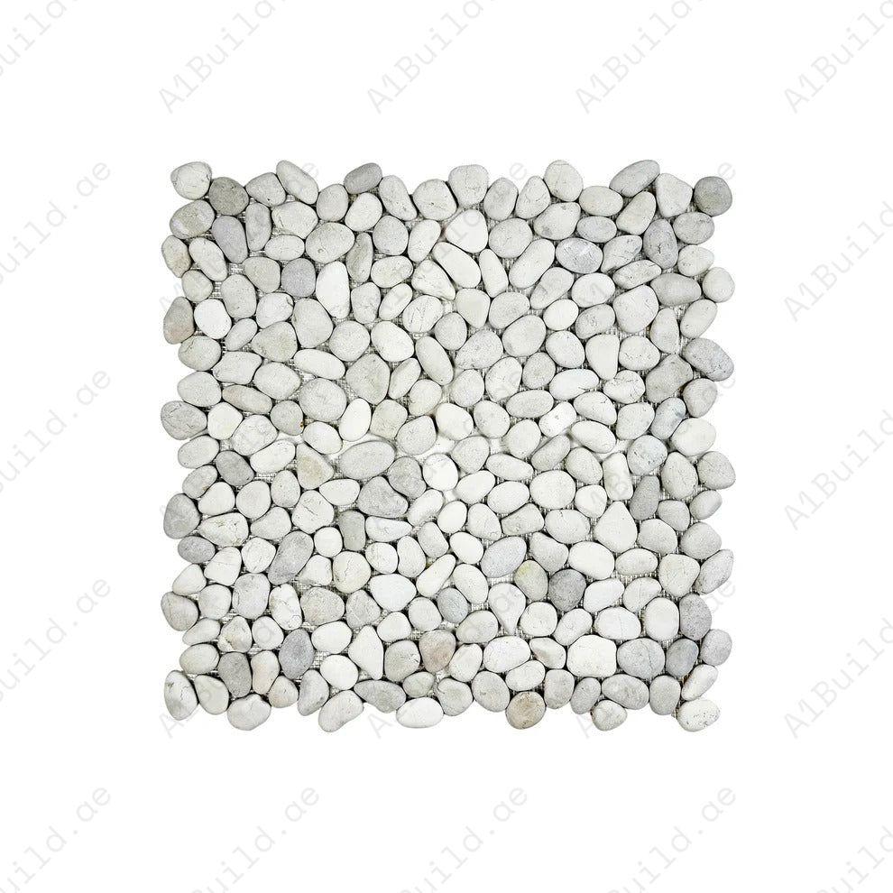 Off White & Light Beige semi-matte pebble stone mosaic with irregular round shapes. Ideal for walls, bathrooms, and interiors with natural textured beauty.