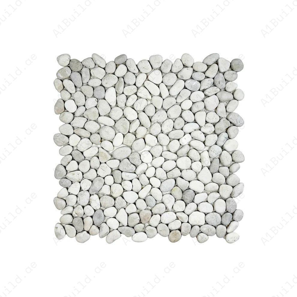 Off White & Light Beige semi-matte pebble stone mosaic with irregular round shapes. Ideal for walls, bathrooms, and interiors with natural textured beauty.