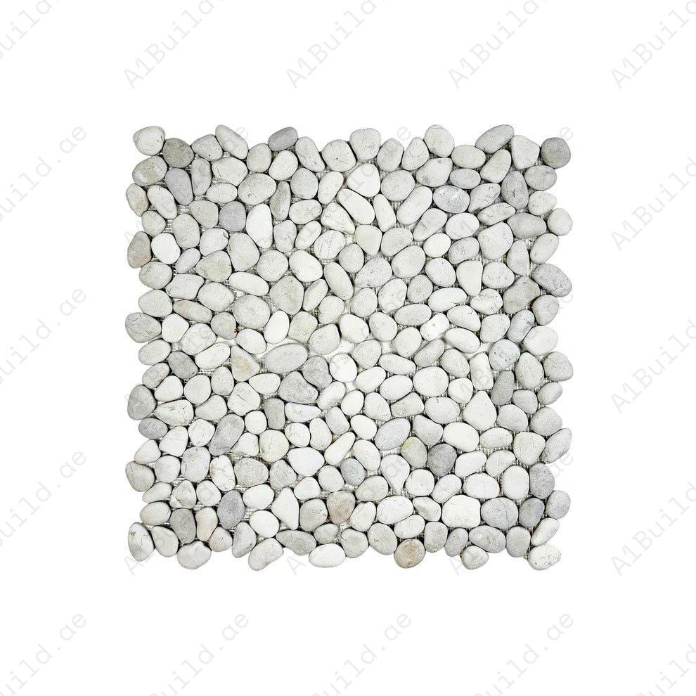 Off White & Light Beige semi-matte pebble stone mosaic with irregular round shapes. Ideal for walls, bathrooms, and interiors with natural textured beauty.