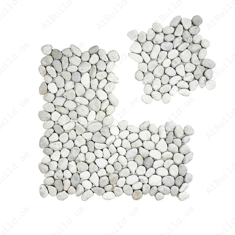 Off White & Light Beige semi-matte pebble stone mosaic with irregular round shapes. Ideal for walls, bathrooms, and interiors with natural textured beauty.