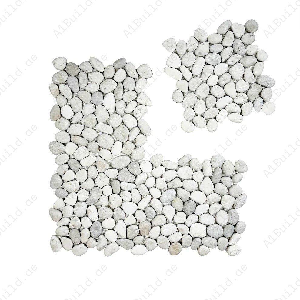 Off White & Light Beige semi-matte pebble stone mosaic with irregular round shapes. Ideal for walls, bathrooms, and interiors with natural textured beauty.