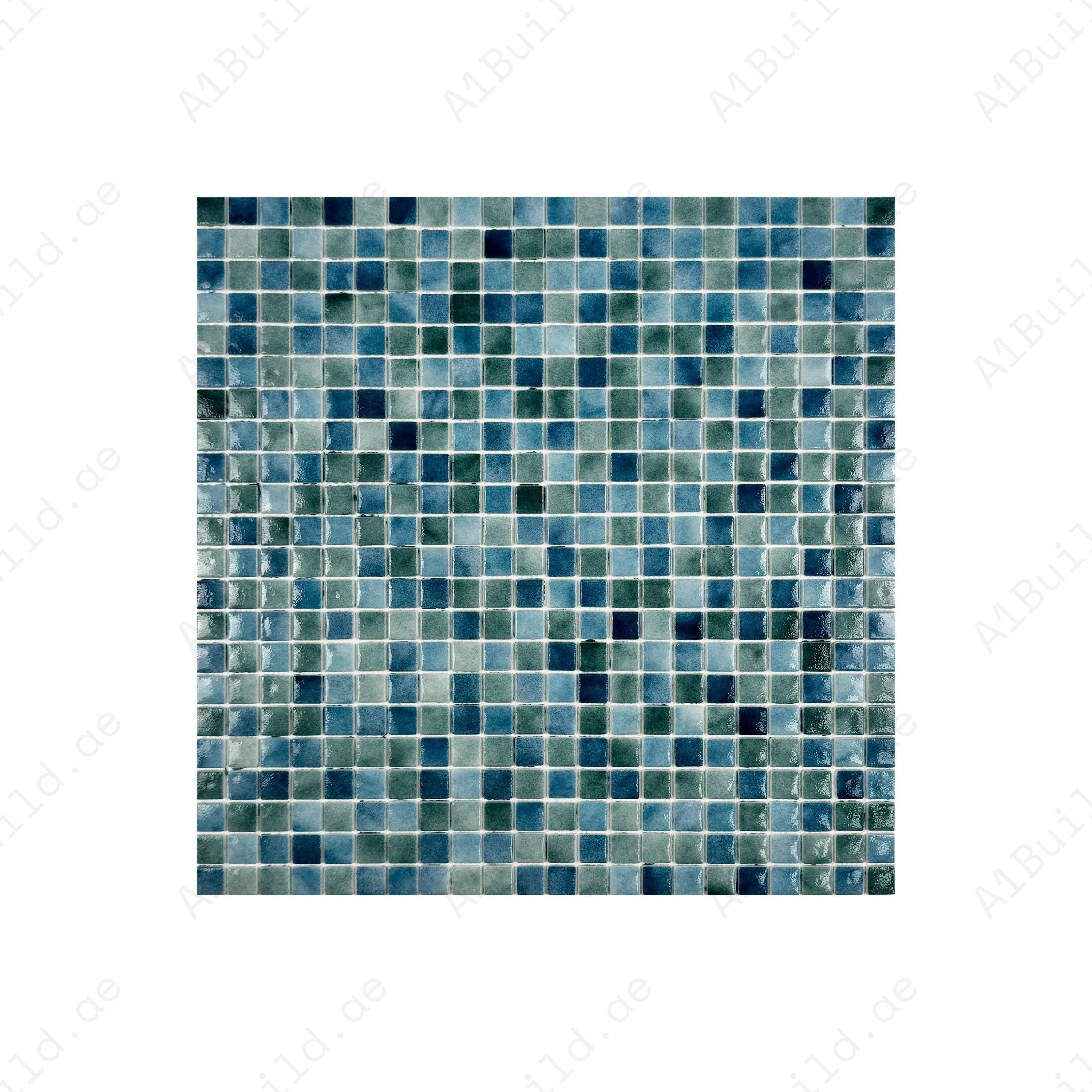 Olive green & baby blue recycled glass mosaic tiles with glossy finish. Eco-friendly, durable and slip-resistant—ideal for swimming pools, spas, water features.