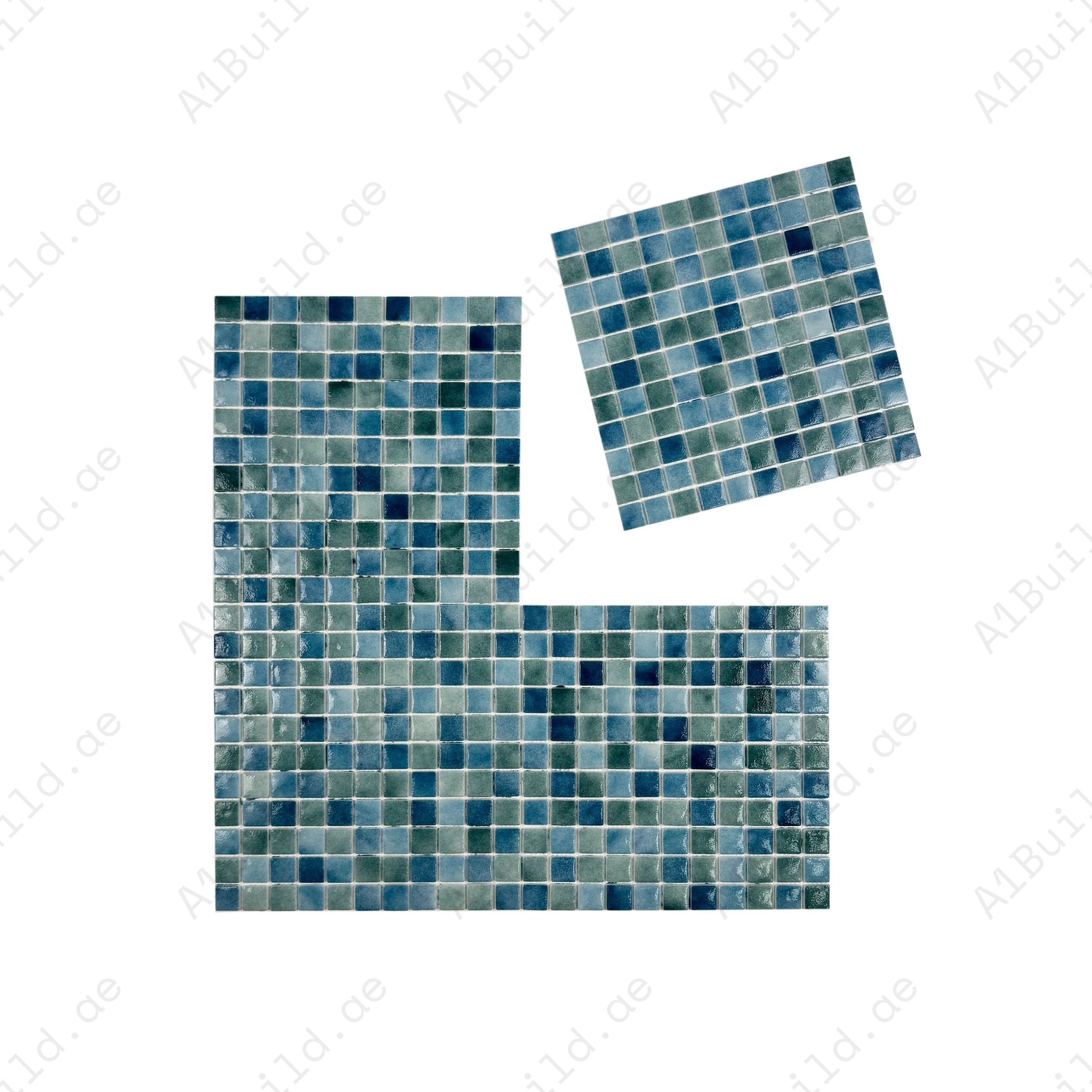 Olive green & baby blue recycled glass mosaic tiles with glossy finish. Eco-friendly, durable and slip-resistant—ideal for swimming pools, spas, water features.
