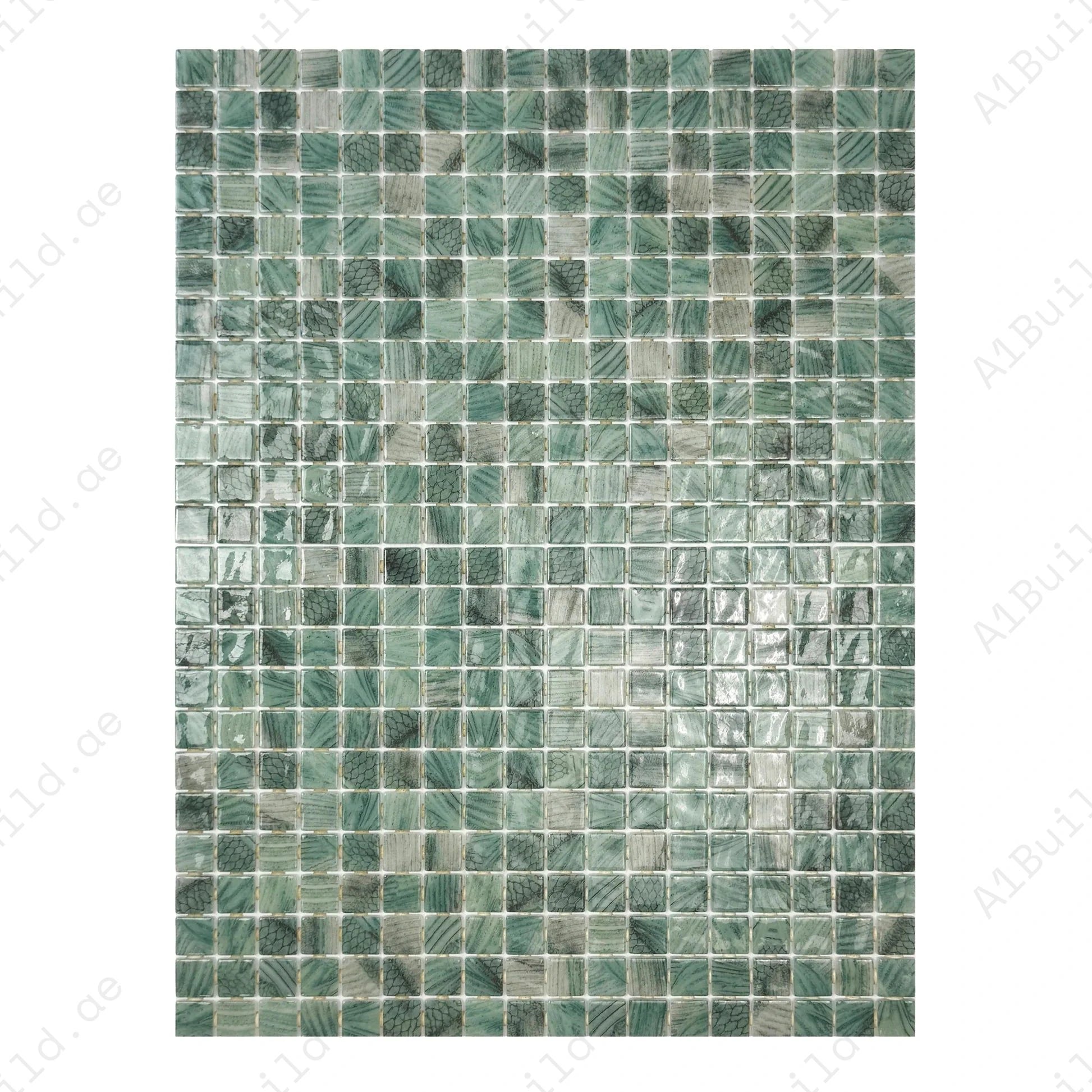 Olive green recycled glass mosaic tile with luxurious streaks and natural tones. Durable, UV-resistant, slip-proof—ideal for pools, spas, water features & walls.