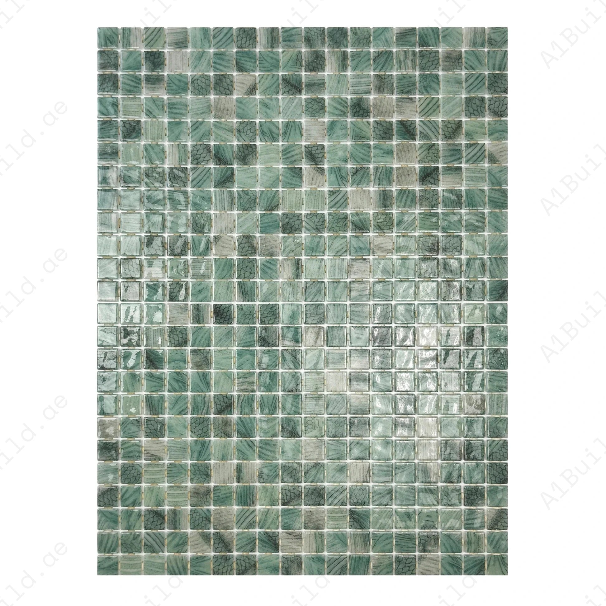 Olive green recycled glass mosaic tile with luxurious streaks and natural tones. Durable, UV-resistant, slip-proof—ideal for pools, spas, water features & walls.