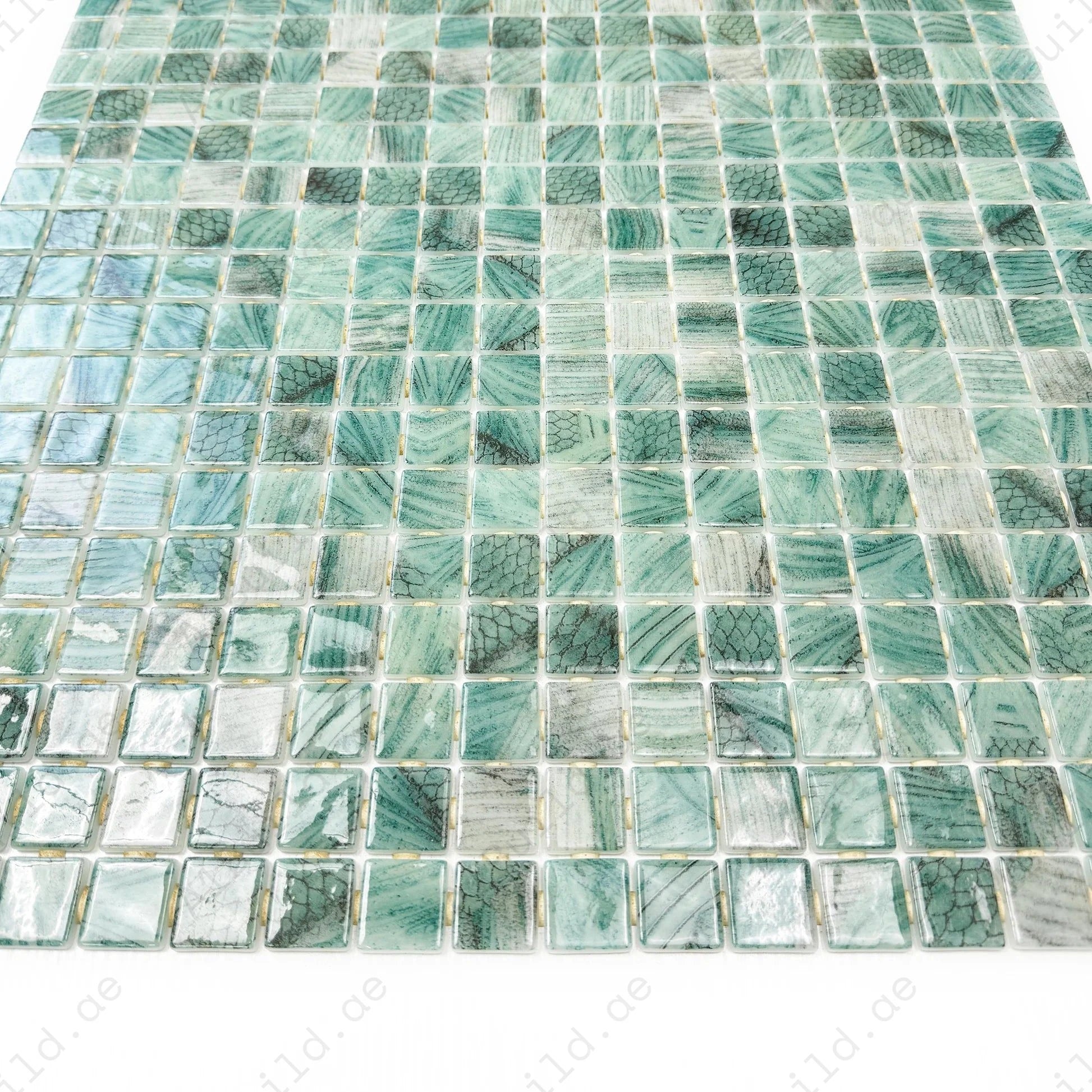 Olive green recycled glass mosaic tile with luxurious streaks and natural tones. Durable, UV-resistant, slip-proof—ideal for pools, spas, water features & walls.