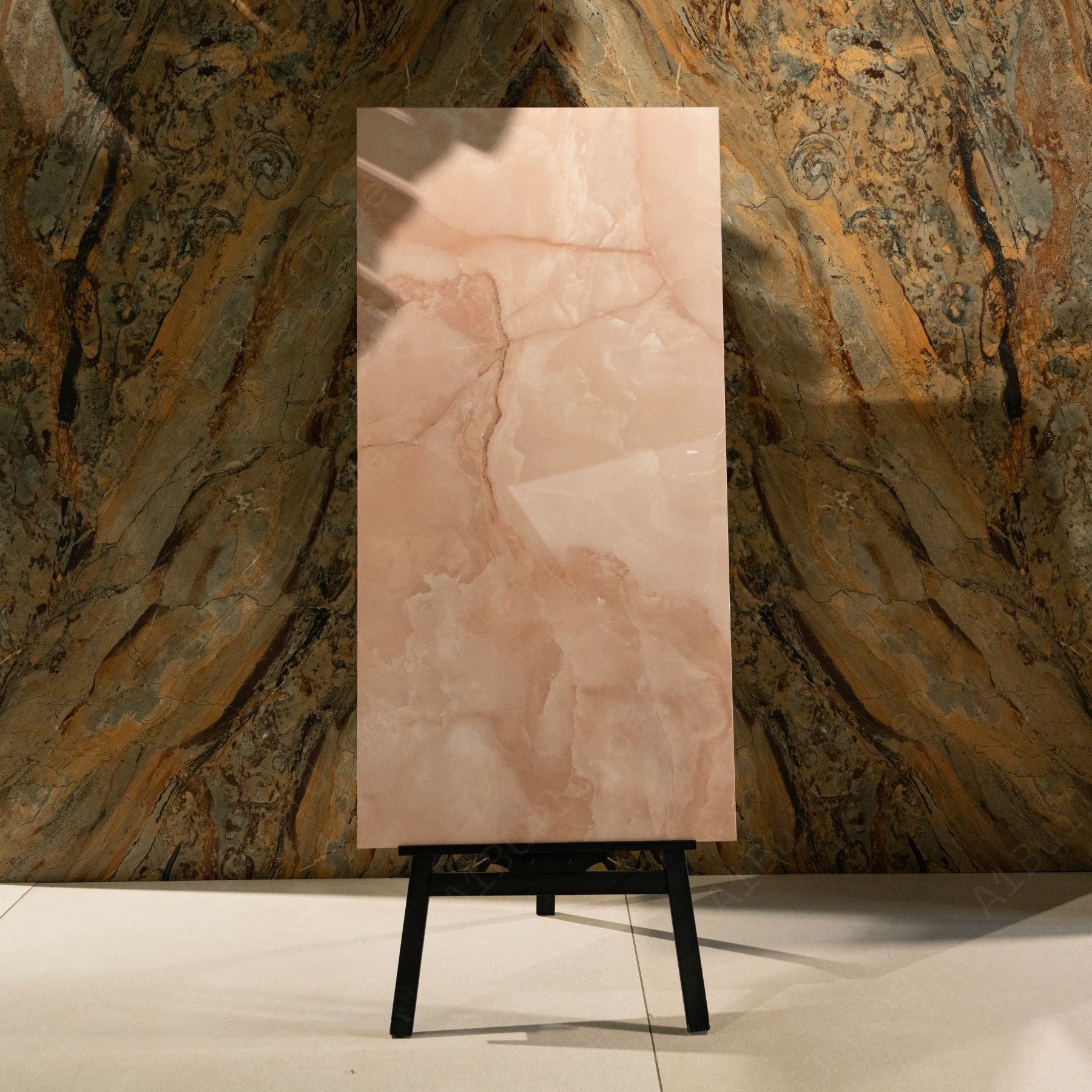 Onyx Rose glossy onyx effect porcelain tile 60x120cm with 9mm thickness features soft rose tones, natural onyx pattern and polished finish.