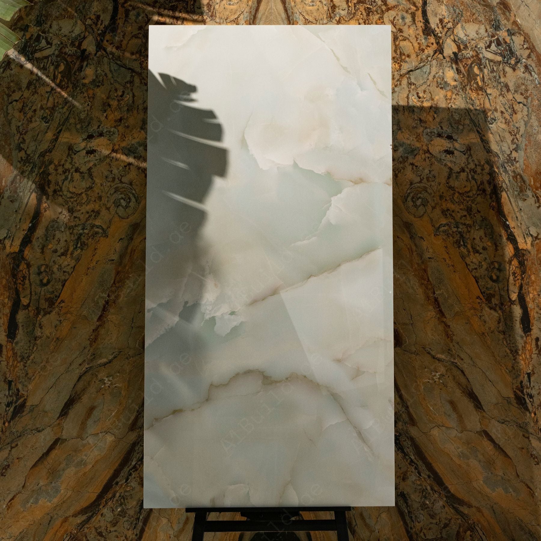 Opera Green Onyx glossy porcelain tile 80x160cm x 09mm featuring rich green veining, luxury large format tile ideal for modern feature walls and premium interiors.