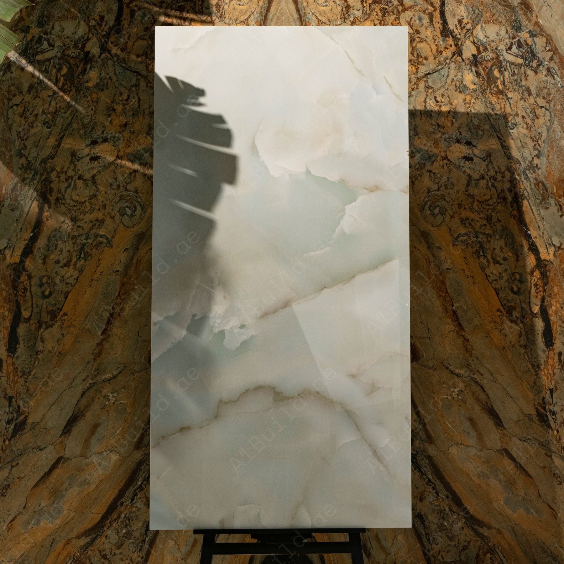 Opera Green Onyx glossy porcelain tile 80x160cm x 09mm featuring rich green veining, luxury large format tile ideal for modern feature walls and premium interiors.