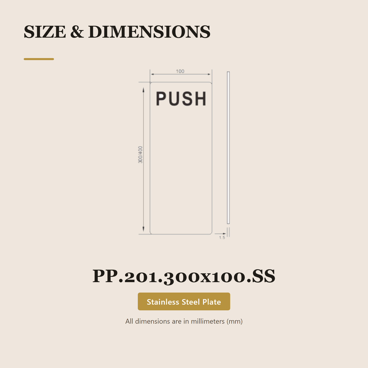 PP.201.300x100.SS premium stainless steel push plate from the Stainless Steel Door Handle Series. 100 x 300 mm stainless steel push plate, PUSH in English and Arabic. Built for smooth, reliable everyday use.