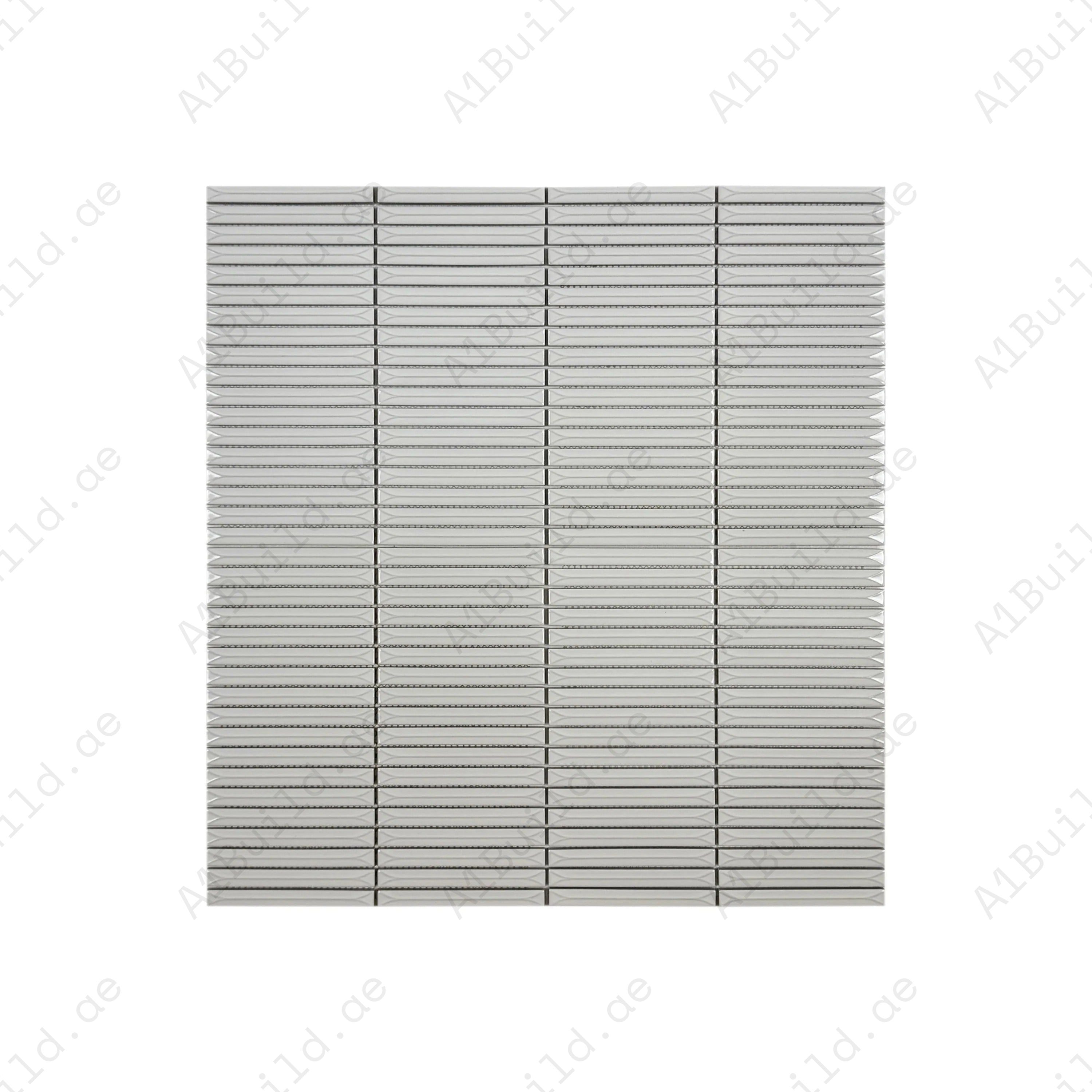 Pearl White elongated beveled glossy porcelain mosaic. UV-resistant, durable & easy-to-clean—perfect for walls, kitchens, bathrooms & luxury interiors.