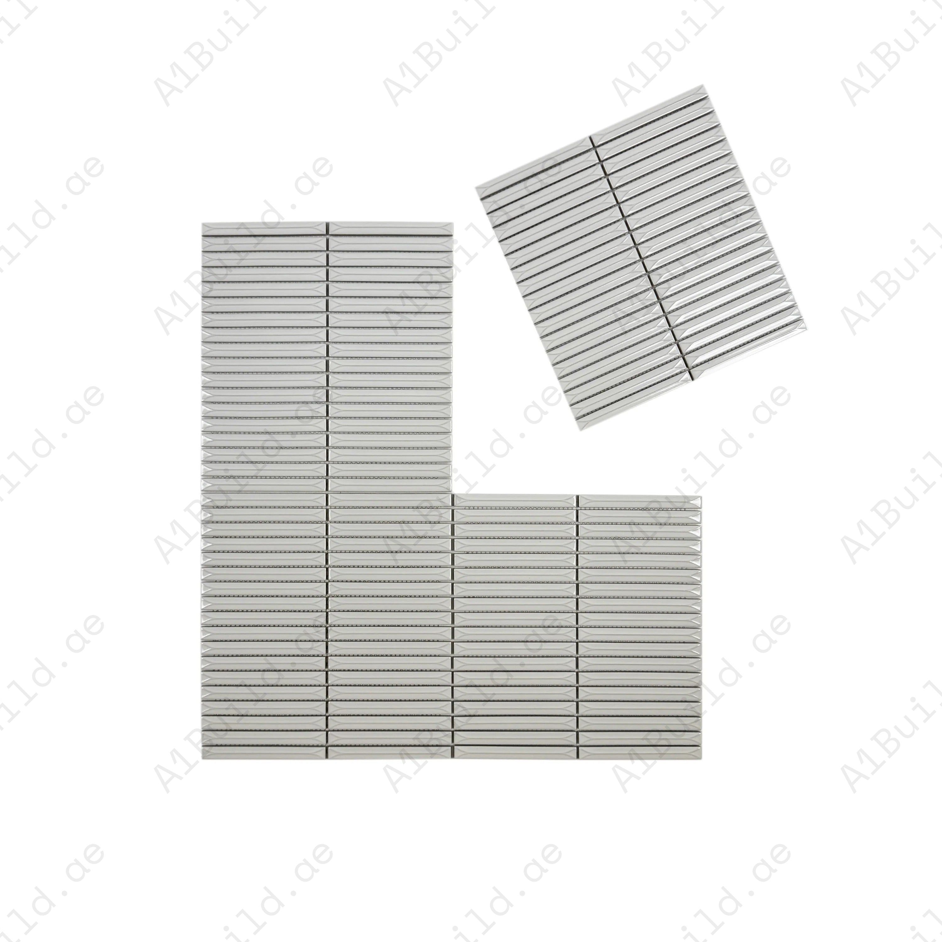 Pearl White elongated beveled glossy porcelain mosaic. UV-resistant, durable & easy-to-clean—perfect for walls, kitchens, bathrooms & luxury interiors.