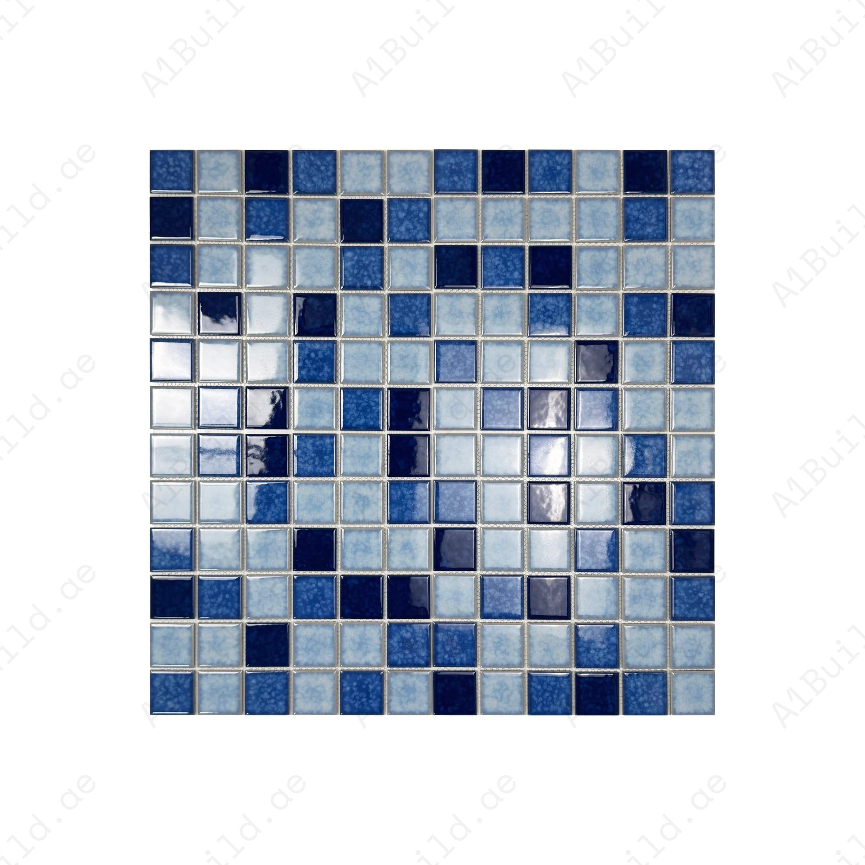 Powder, Navy & Prussian Blue crystalline glazed porcelain mosaic for pools, spas & walls. Durable, slip-resistant, waterproof & eco-friendly for Dubai projects.