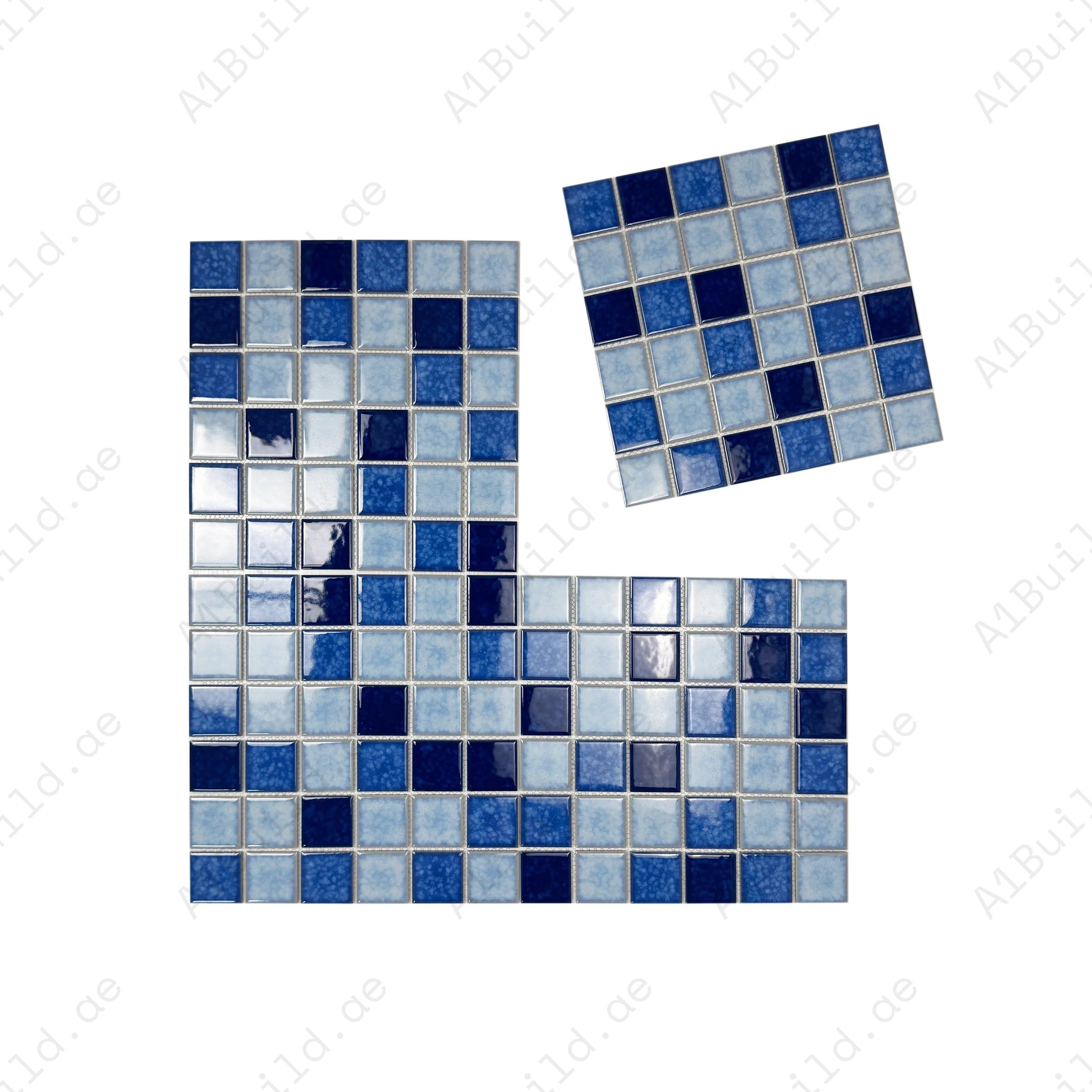 Powder, Navy & Prussian Blue crystalline glazed porcelain mosaic for pools, spas & walls. Durable, slip-resistant, waterproof & eco-friendly for Dubai projects.