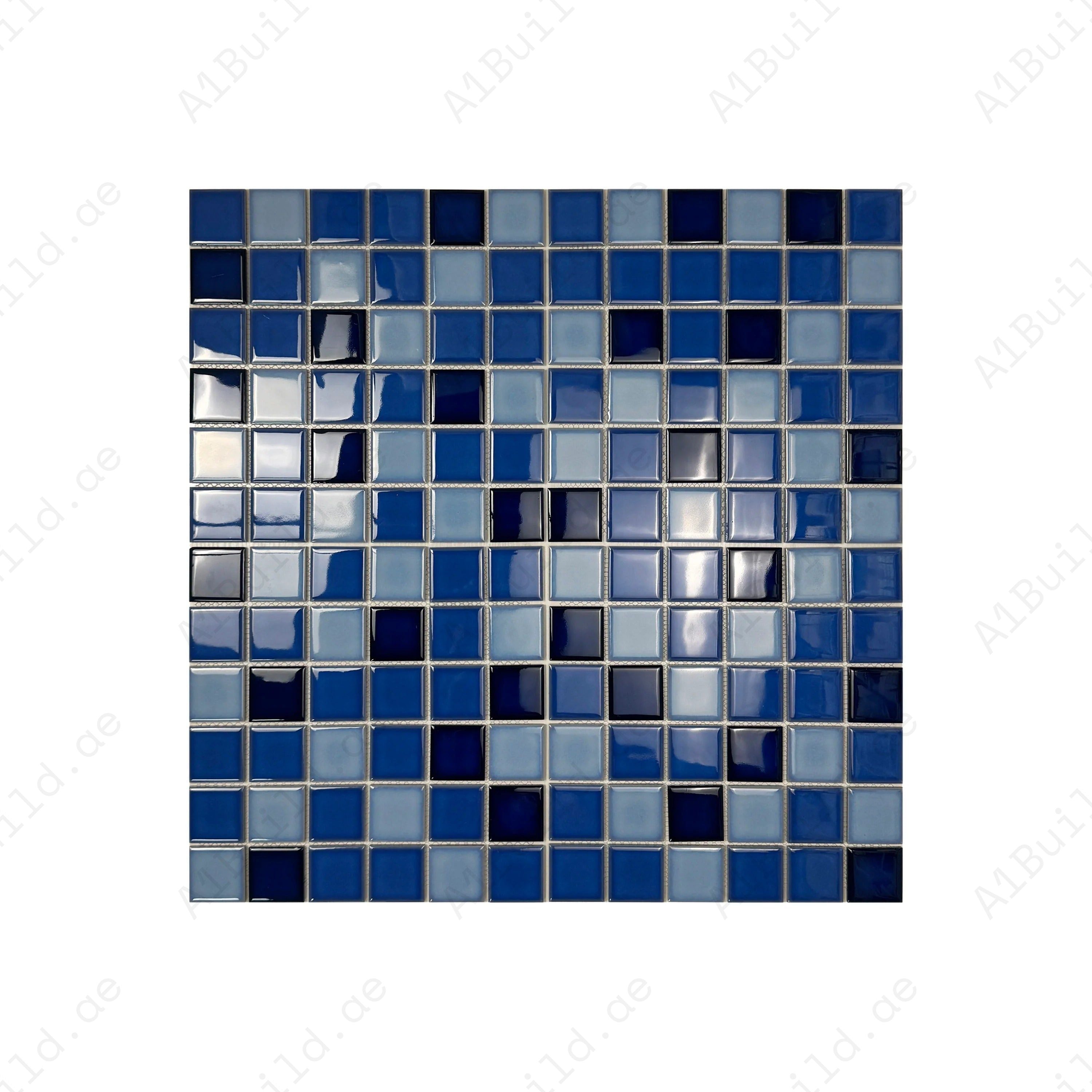 Powder, Ultra Marine & Midnight Blue crystalline glazed porcelain mosaic for pools, spas & walls. Durable, slip-resistant, waterproof & eco-friendly for Dubai projects.