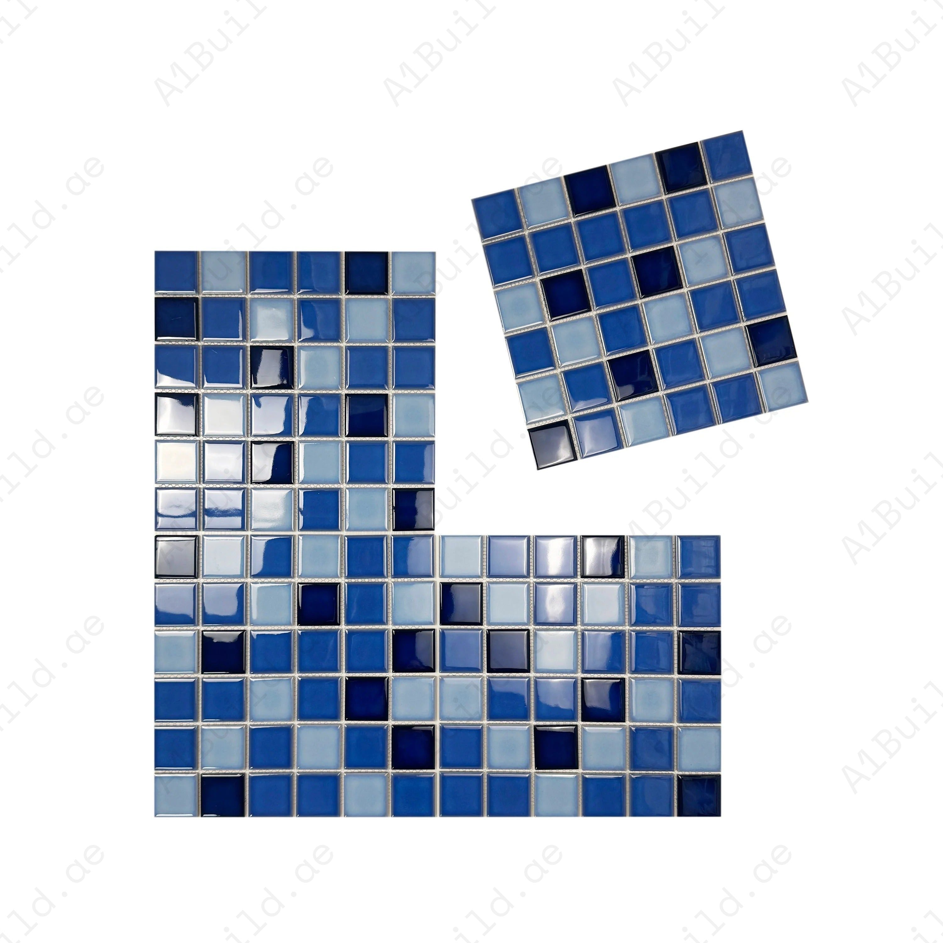 Powder, Ultra Marine & Midnight Blue crystalline glazed porcelain mosaic for pools, spas & walls. Durable, slip-resistant, waterproof & eco-friendly for Dubai projects.