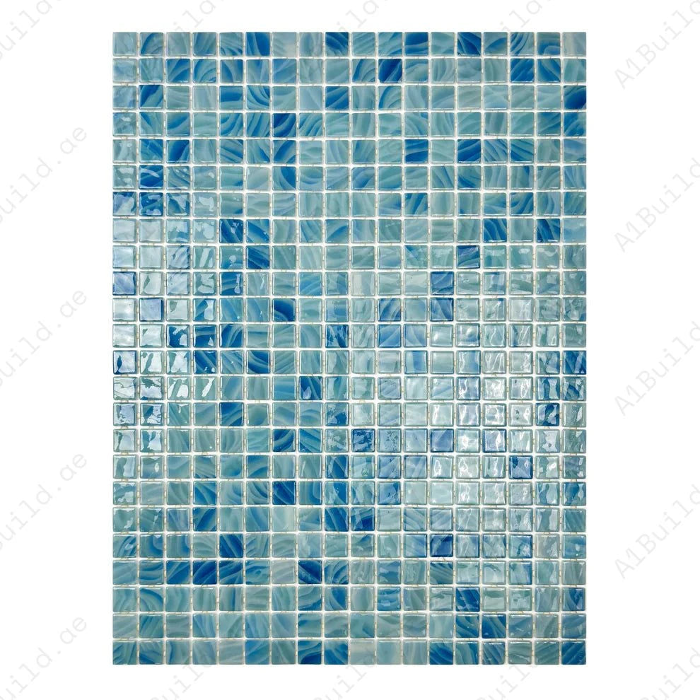 Powder blue & teal recycled glass mosaic tile with shimmering tones. Durable, slip-resistant, UV-proof—ideal for pools, spas, water walls and decorative spaces.