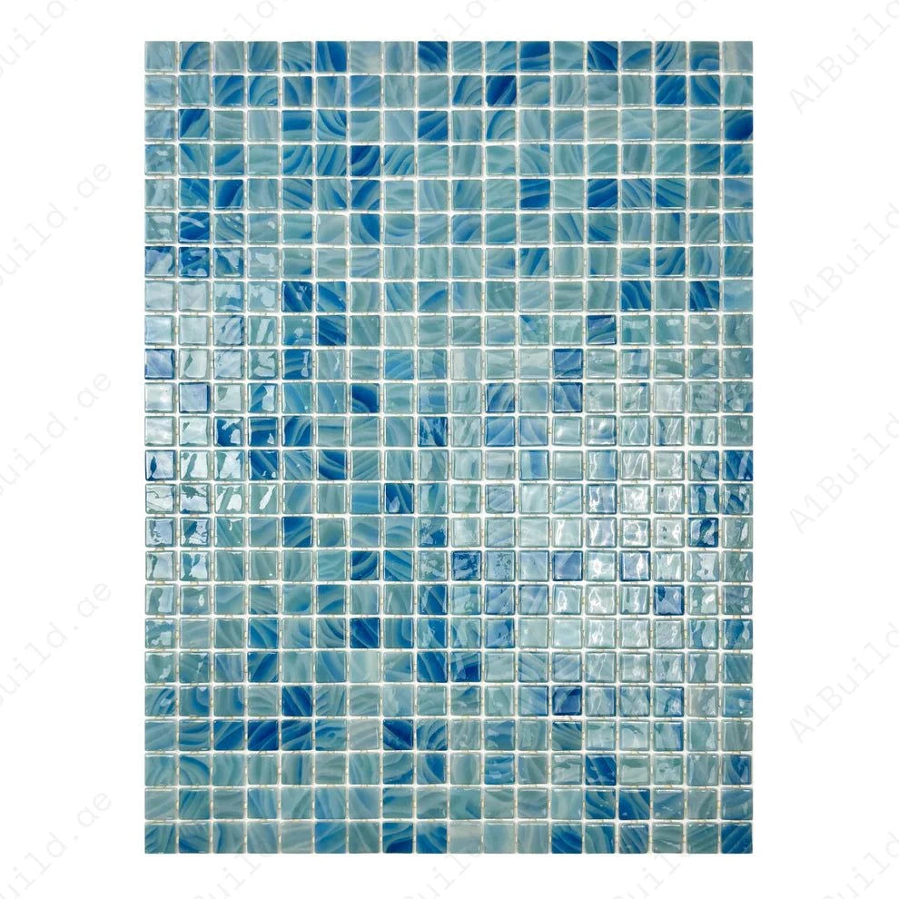 Powder blue & teal recycled glass mosaic tile with shimmering tones. Durable, slip-resistant, UV-proof—ideal for pools, spas, water walls and decorative spaces.