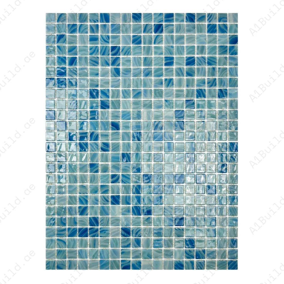 Powder blue & teal recycled glass mosaic tile with shimmering tones. Durable, slip-resistant, UV-proof—ideal for pools, spas, water walls and decorative spaces.