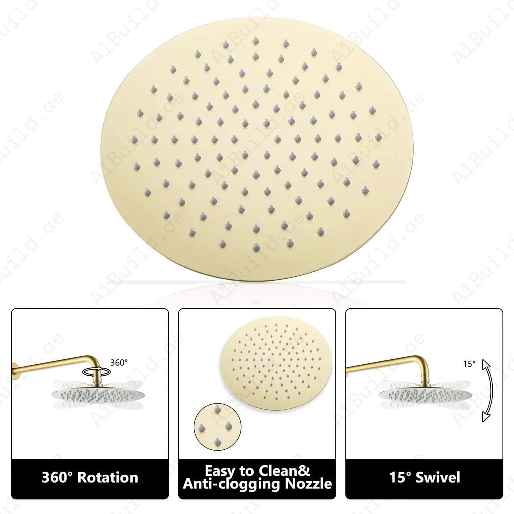 Premium 300 mm Round Gold Rain Shower Head – Exposed Installation, Made in Germany by Hesanit