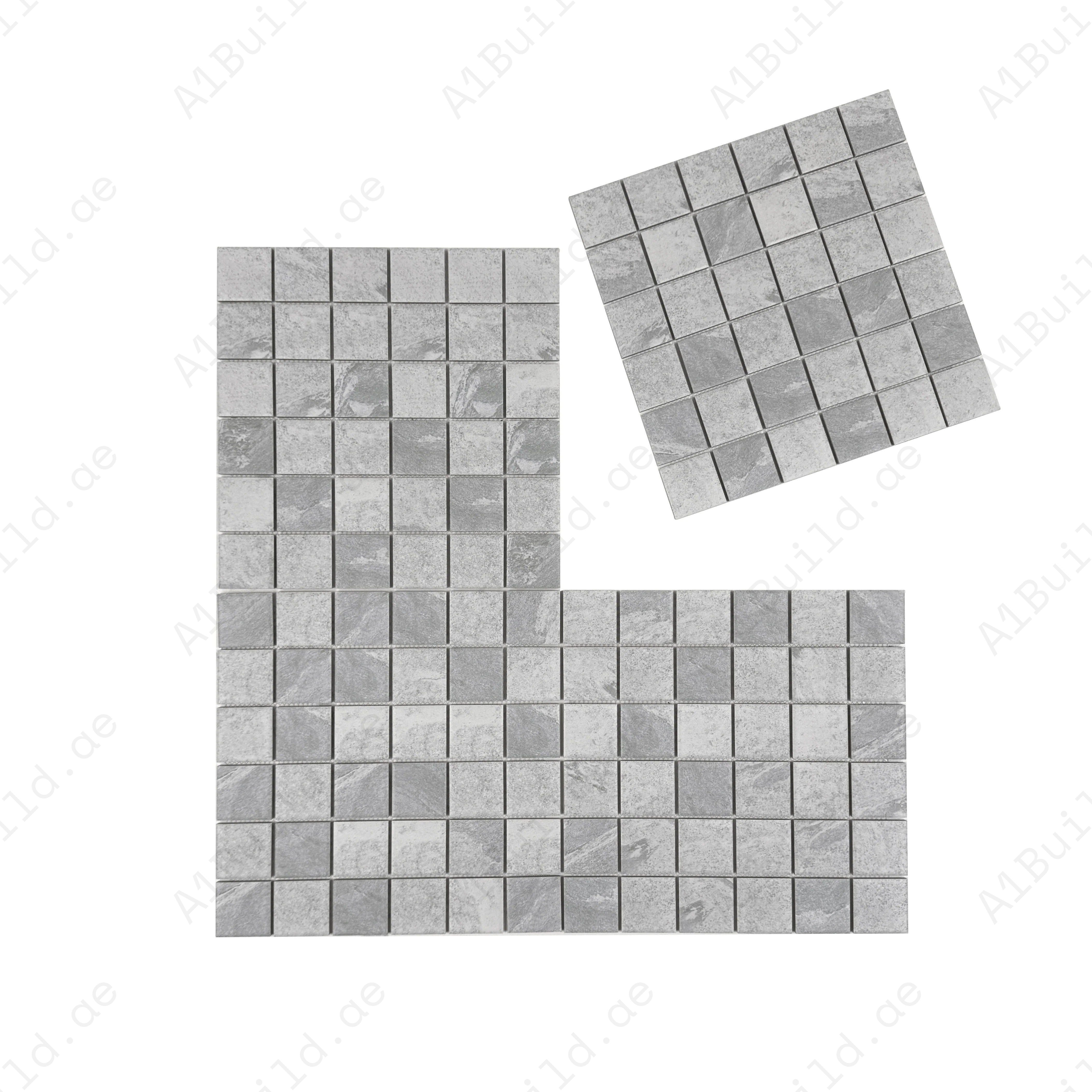 Premium Glacier Grey porcelain mosaic tile for pools, spas, and water features. Durable, slip-resistant, eco-friendly, and perfect for Dubai luxury spaces.