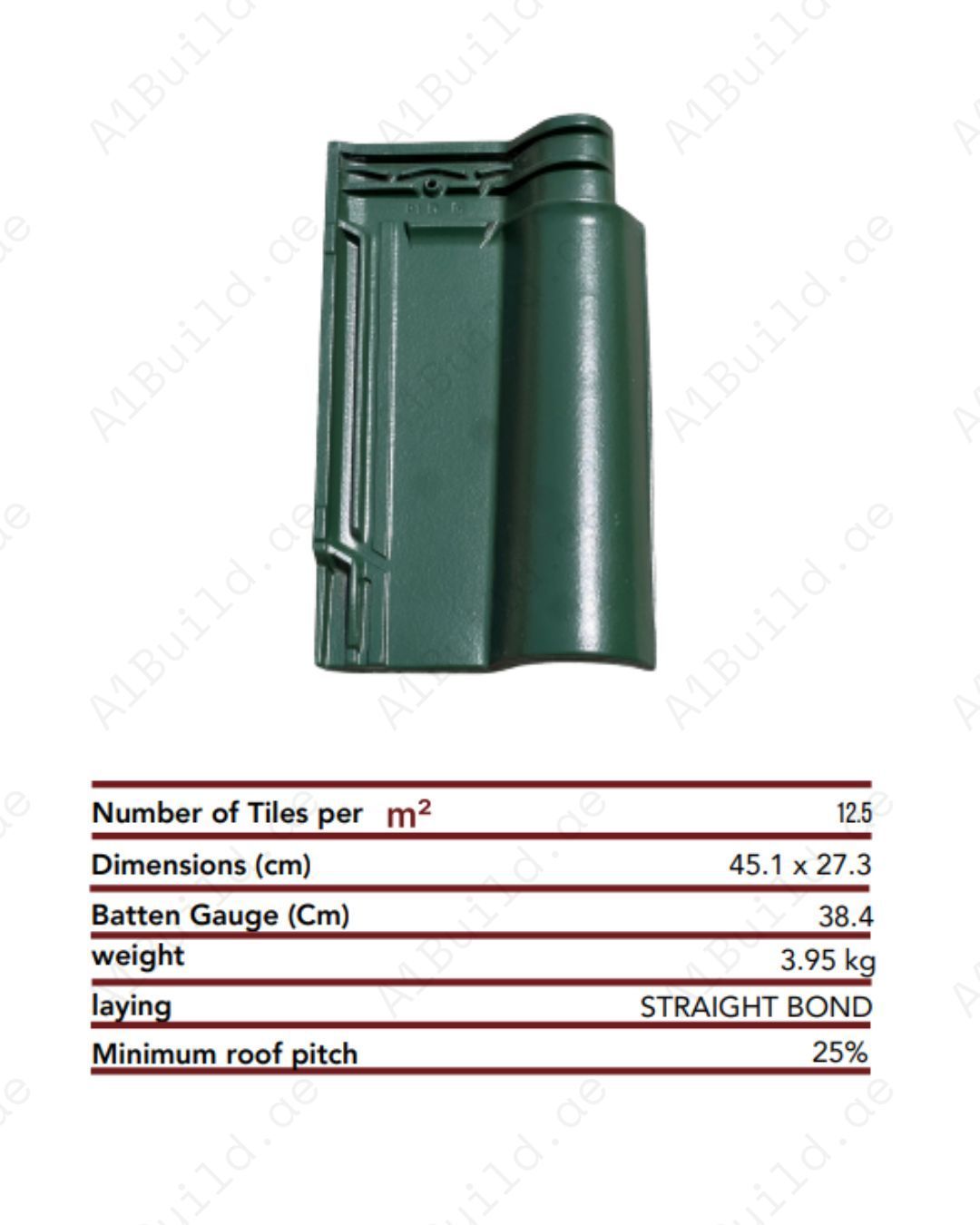 Premium Ruby Green roof tile 45.1×27.3 cm with superior ceramic strength and modern color finish. Durable, fade-resistant, and ideal for luxury roofing.