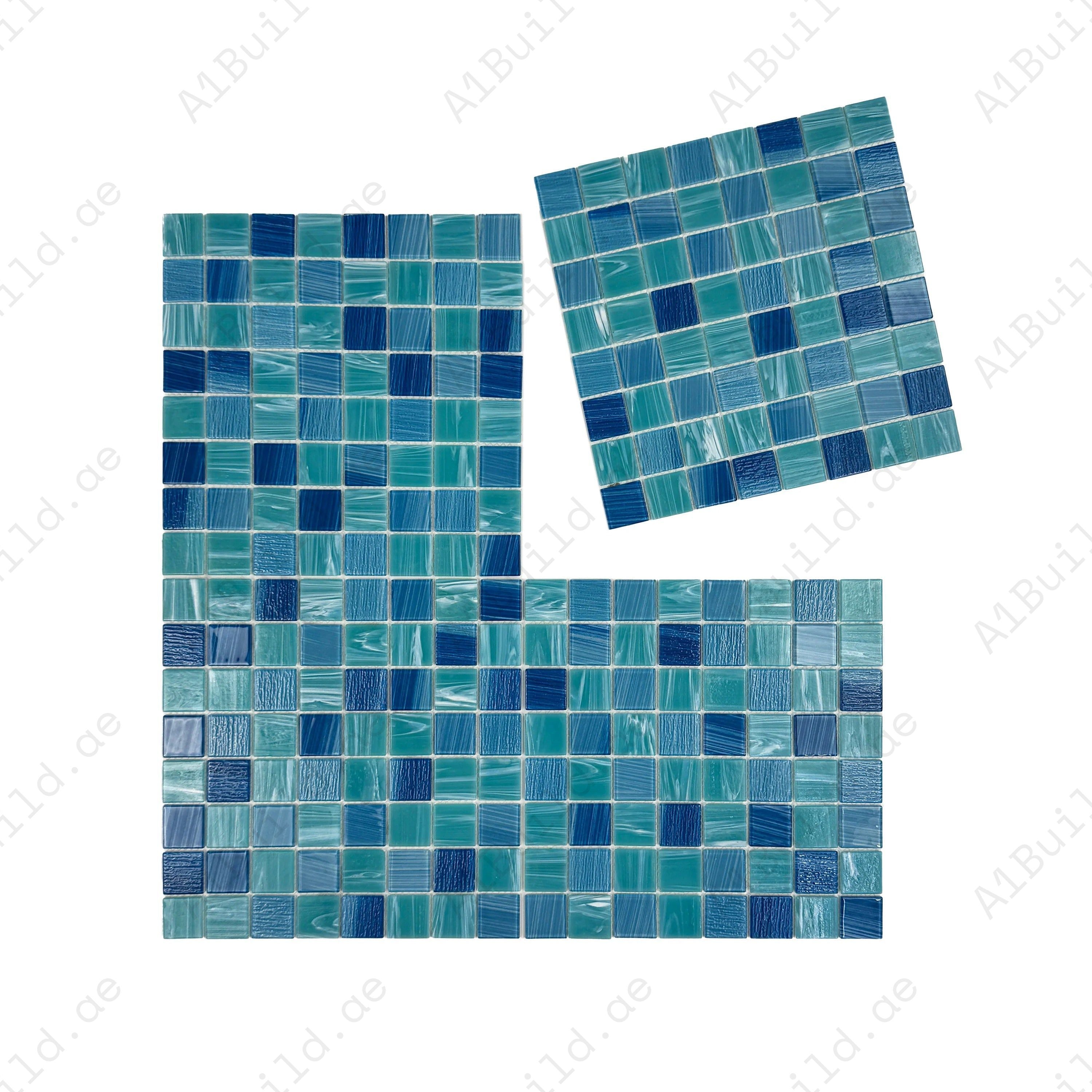 Premium Tiffany & French Blue glass mosaic pool tile. Durable, slip-resistant, UV-proof, eco-friendly, ideal for Dubai luxury pools, spas, and water features.