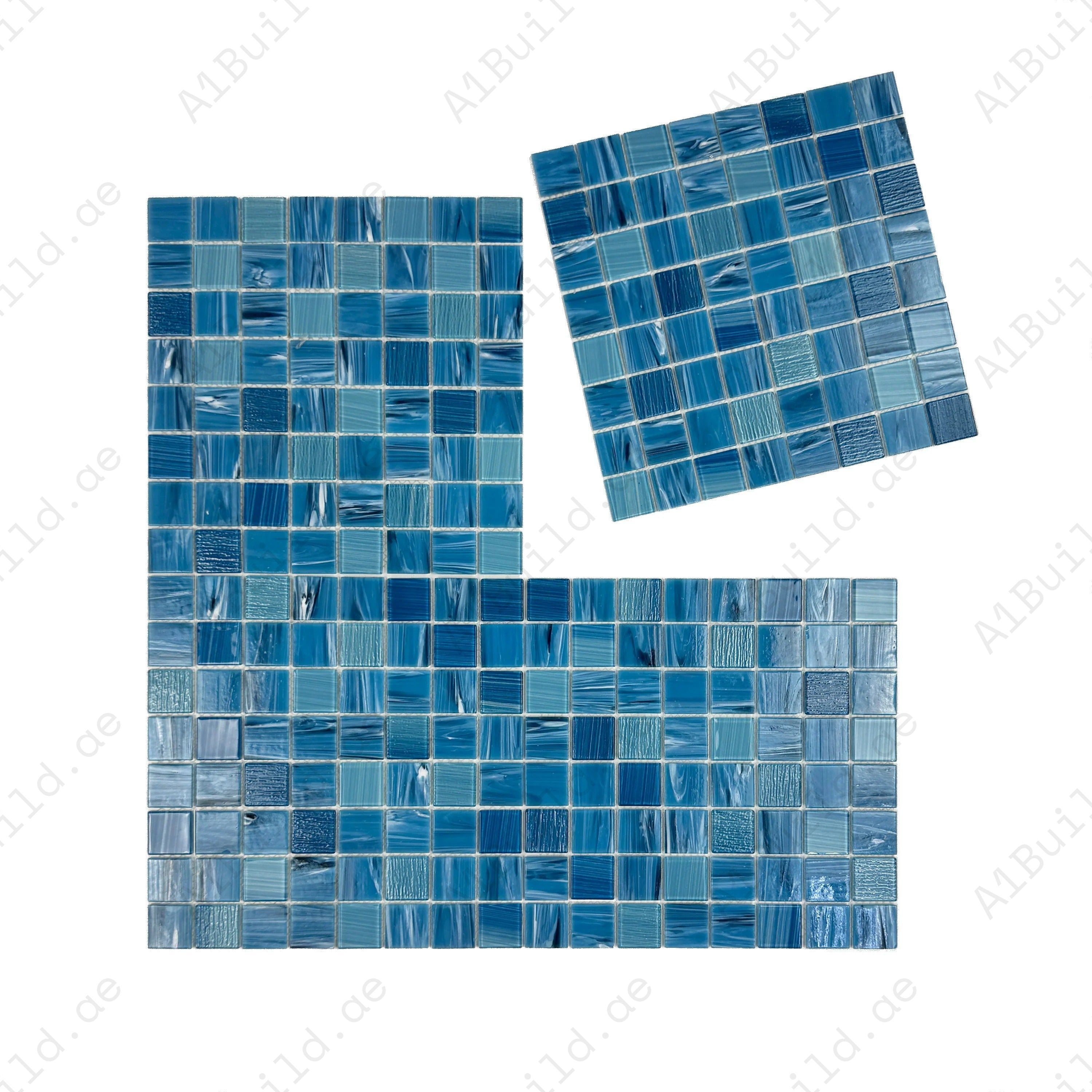 Premium Tiffany & Light Blue glass mosaic pool tile. Durable, slip-resistant, UV-proof, eco-friendly, perfect for Dubai luxury pools, spas, and water features.