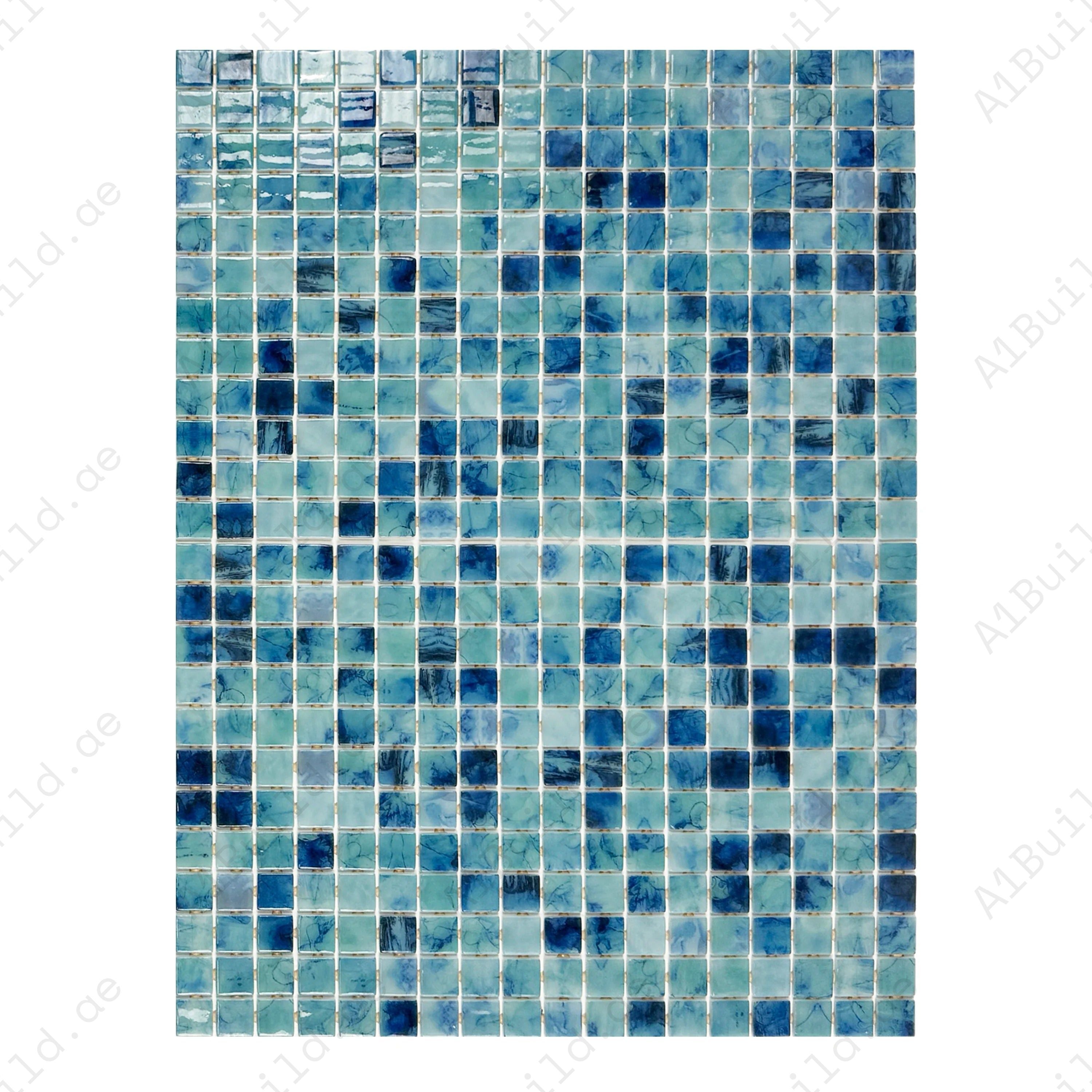 Premium Tiffany & Sapphire Blue recycled glass mosaic with UV, slip & chemical resistance—ideal for pools, spas, water walls & luxury outdoor projects.